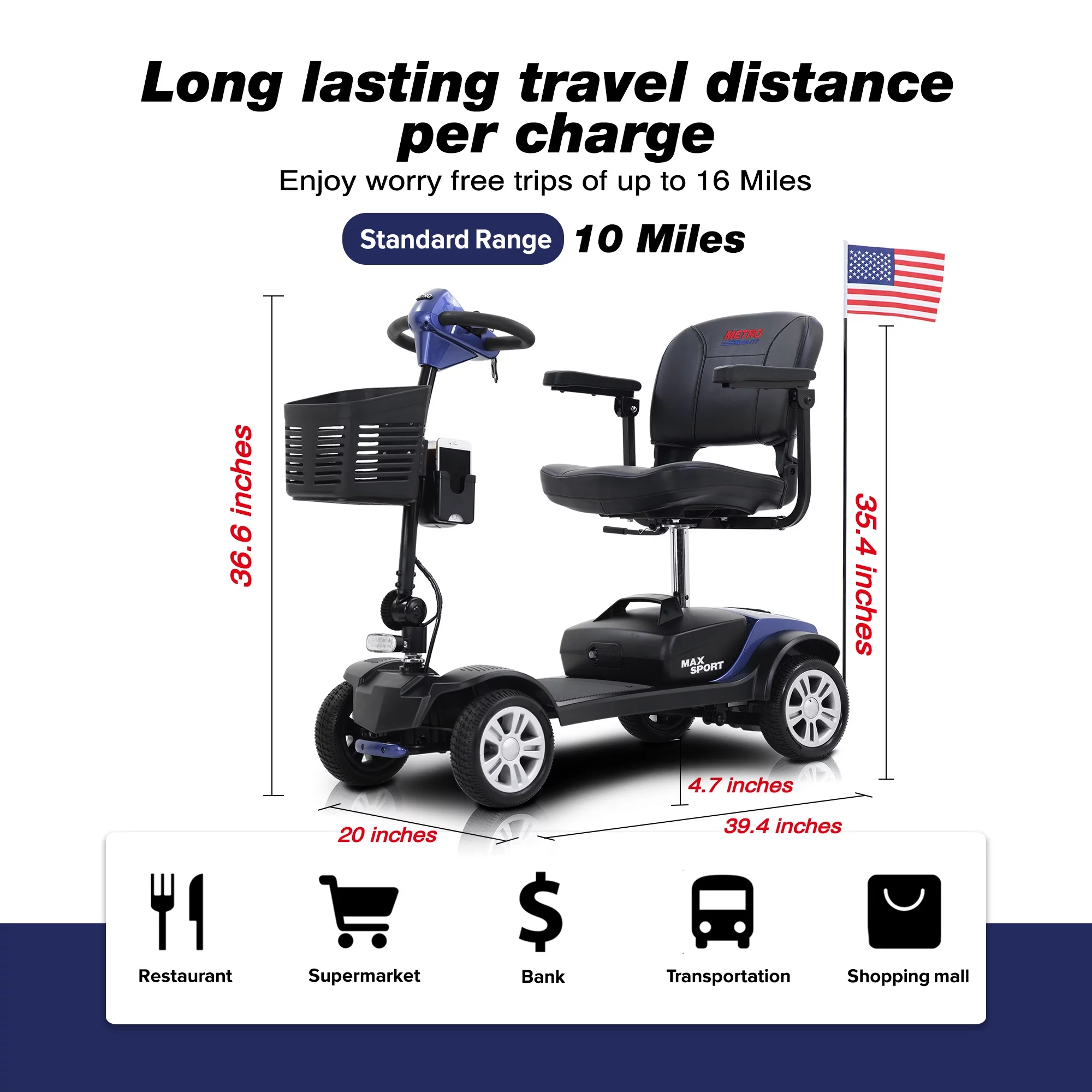 4 Wheel Mobility Scooter for Seniors, Outdoor Compact Mobility Scooter for Adults with Phone Holder and Cup Holder, 300 LBS Max Weight, Collapsible & Compact for Travel with Family, Blue - Womvr