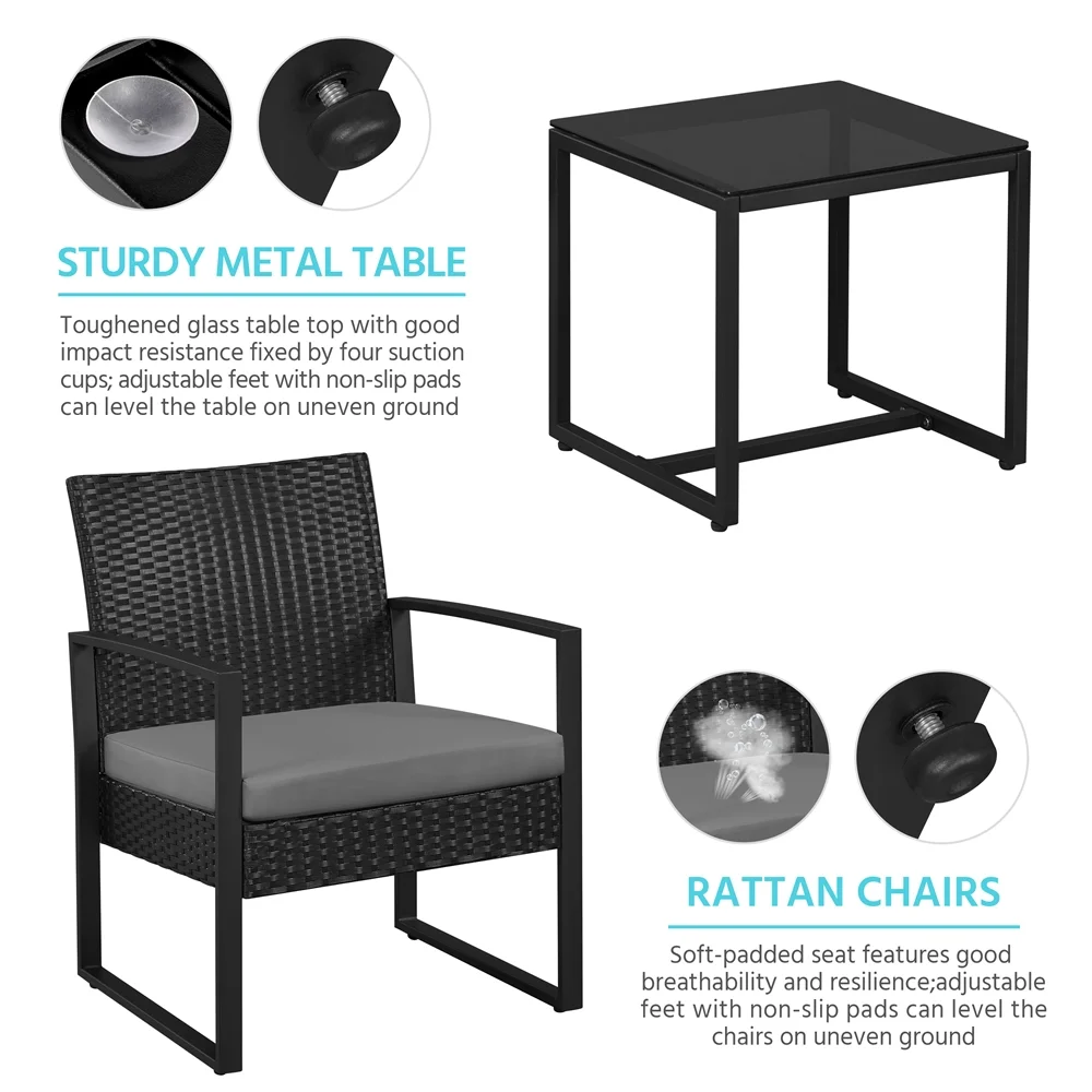 Yaheetech Modern 3-piece Patio Rattan Chairs & Table Set with Cushions, Black/Gray - Womvr