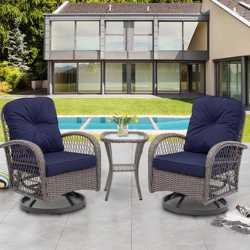 3 Piece Outdoor Bistro Swivel Chairs Set, Patio Bistro Set w/ 360° Swivel Rocking Chairs & Table, All-Weather Conversation Set with Metal Frame for Patio Backyard Porches or Garden - Khaki - Womvr