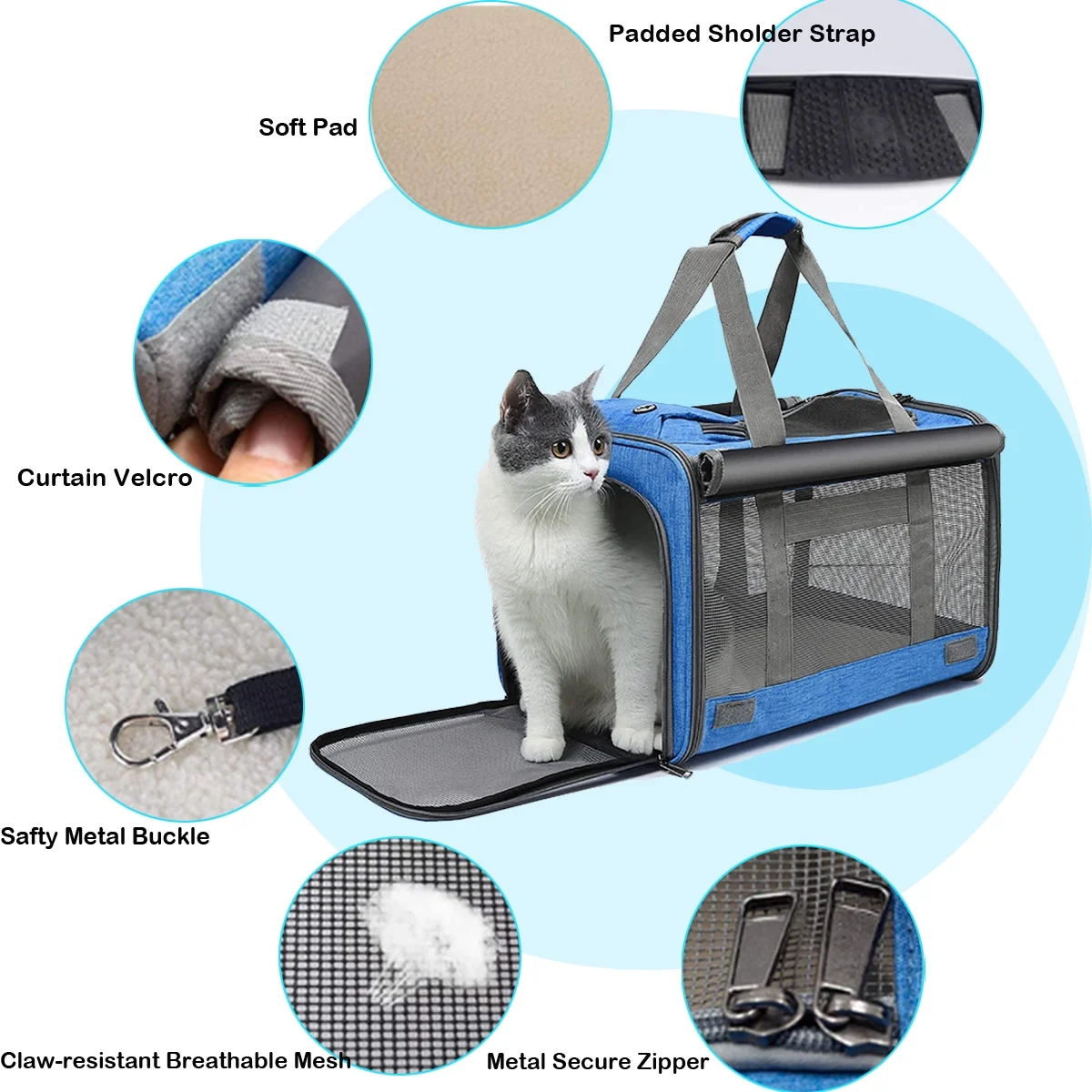 Cat Carrier, Soft Sided Cat Carriers for Large Small Medium Dogs Cats Under 25lbs, Foldable Pet Travel Carrier with a Bowl/Washable Pad, TSA Airline Approved, Blue - Womvr