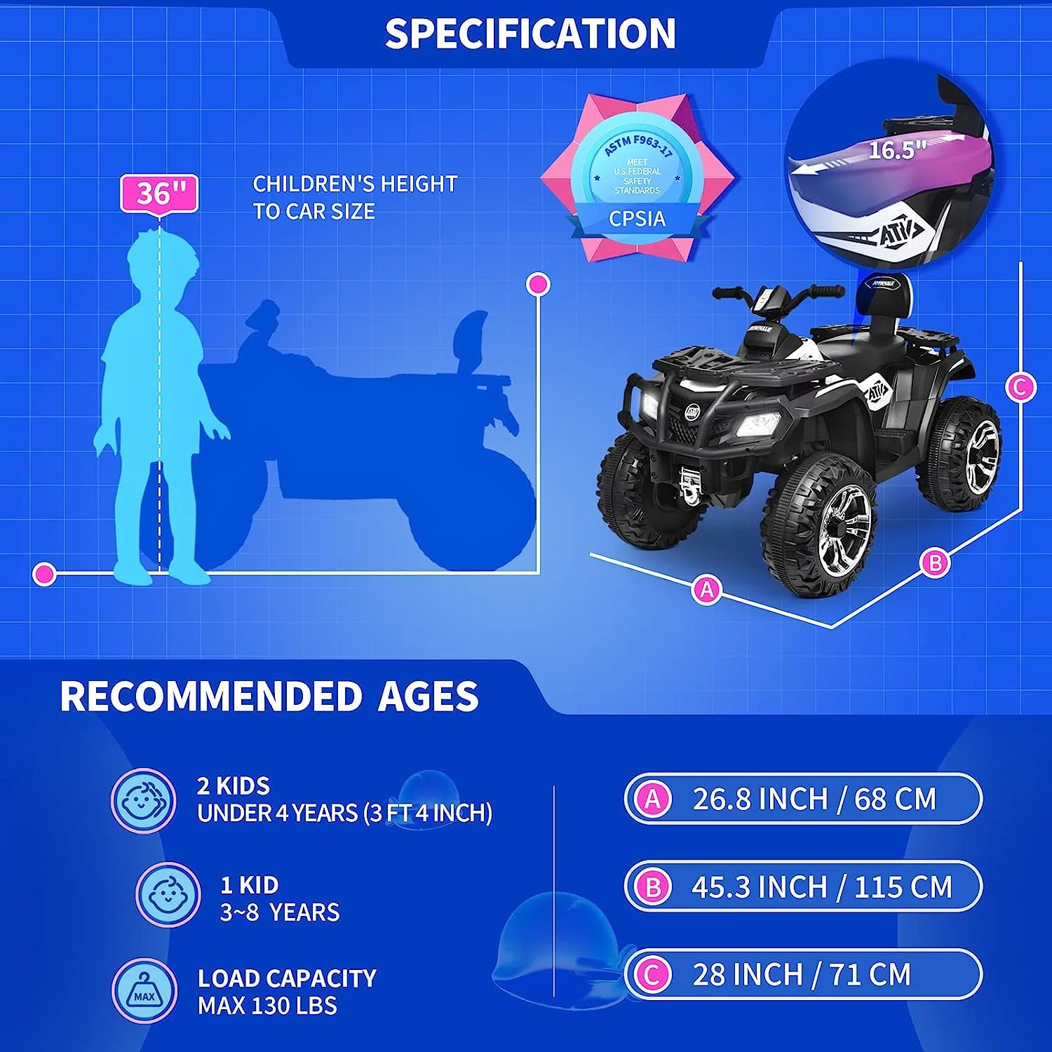 Joywhale 24V Kids Ride on ATV 4WD 2 Seater Quad Easy-Drag 4-Wheeler, with Big Battery, 4x75W Powerful Engine, Metal Suspension, BW-A20s - Womvr