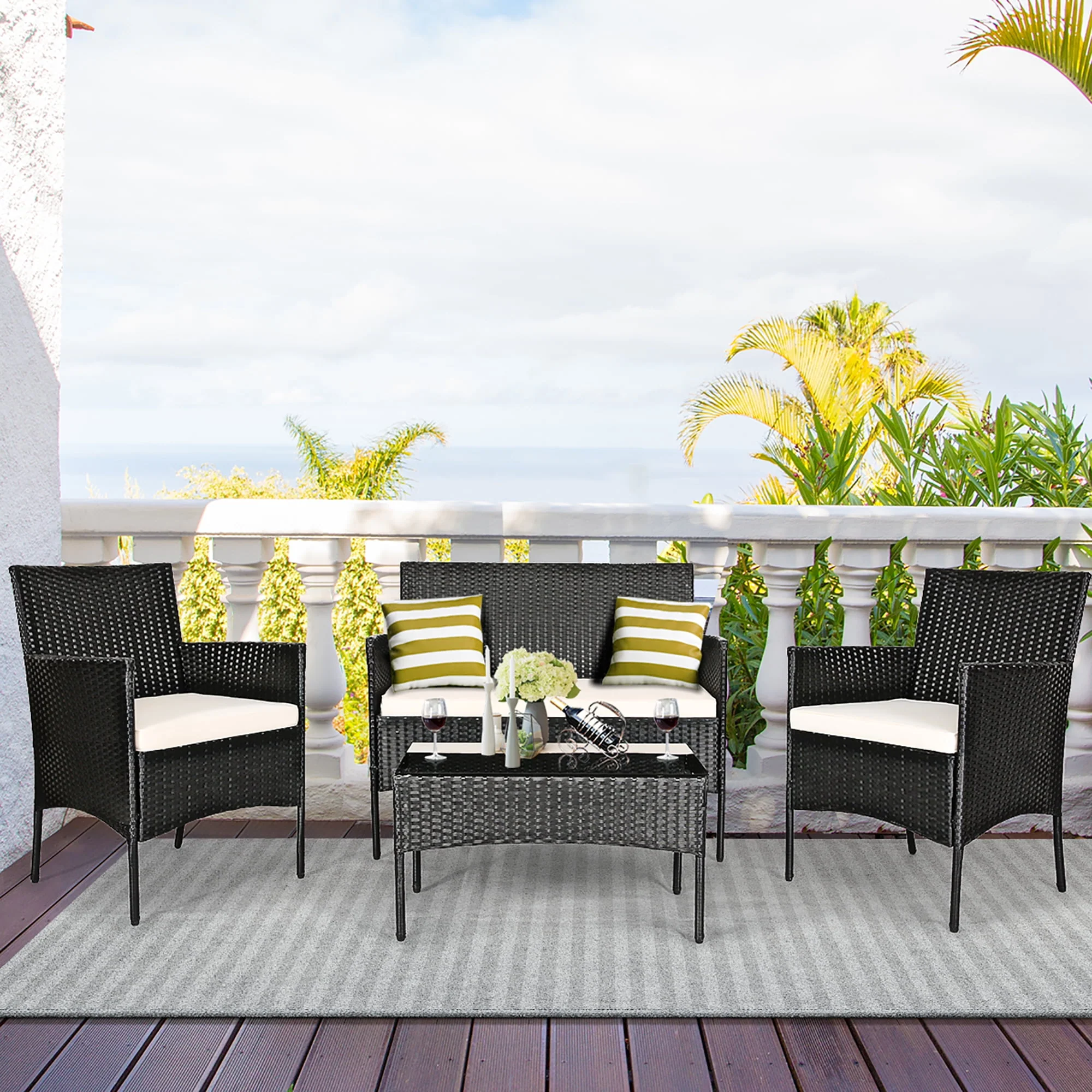 Costway 4PCS Patio Furniture Set Rattan Wicker Conversation Set Outdoor - Womvr