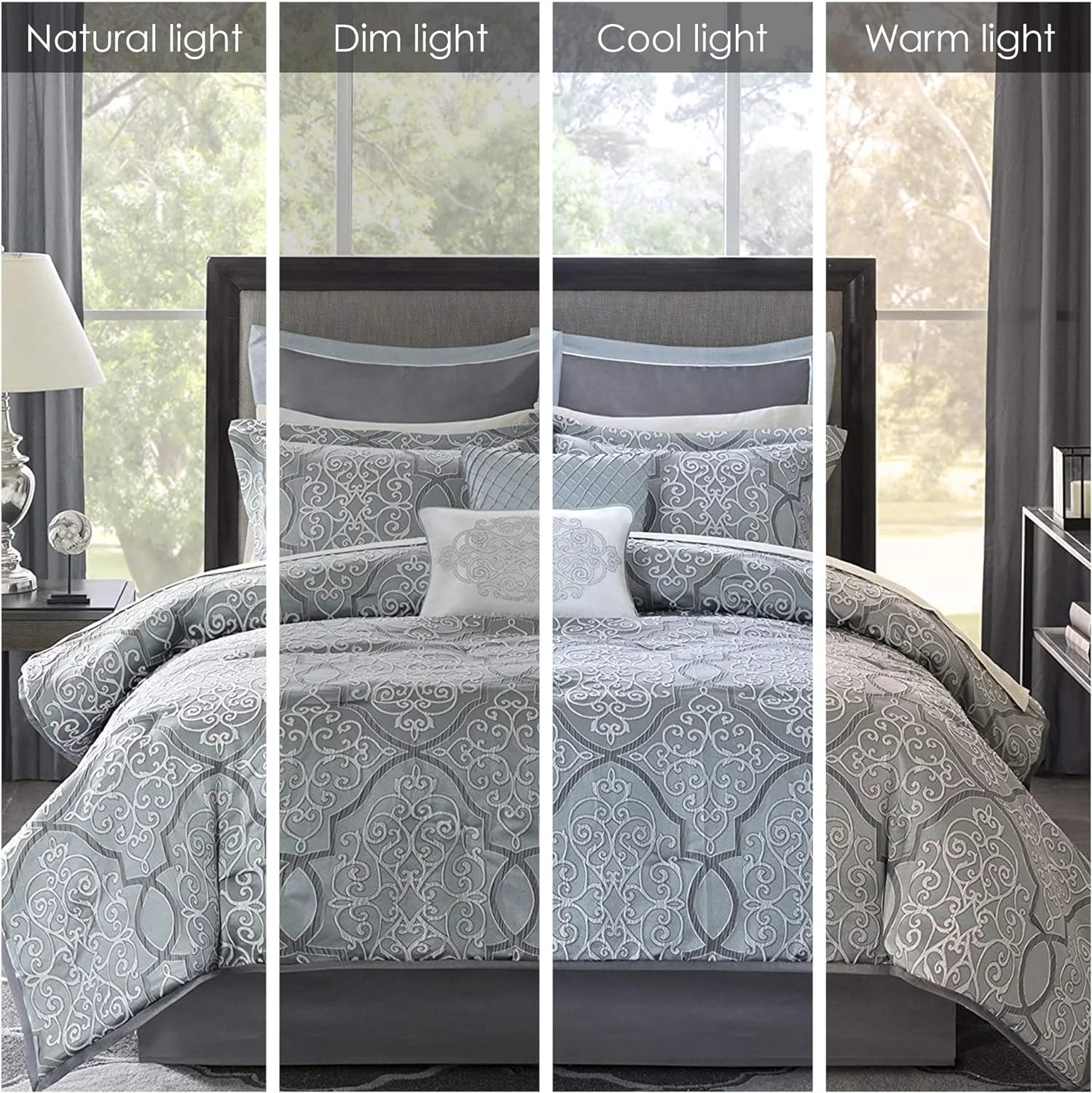Lavine Cozy Bed In A Bag Comforter Set. Traditional Luxe Jacquard Design All Season Down Alternative Bedding With Cotton Bed Sheets. Bed Skirt & Pillows. California King Blue 12 Piece - Womvr