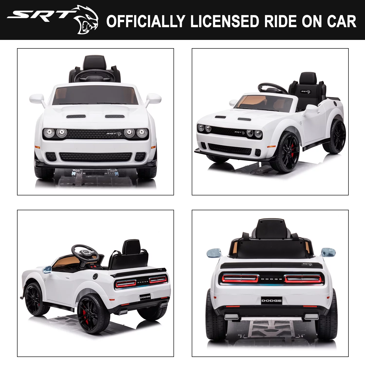 Dodge Challenger 12 V Powered Ride On Car with Remote Control, SRT Hellcat Toys for Kids, Black - Womvr