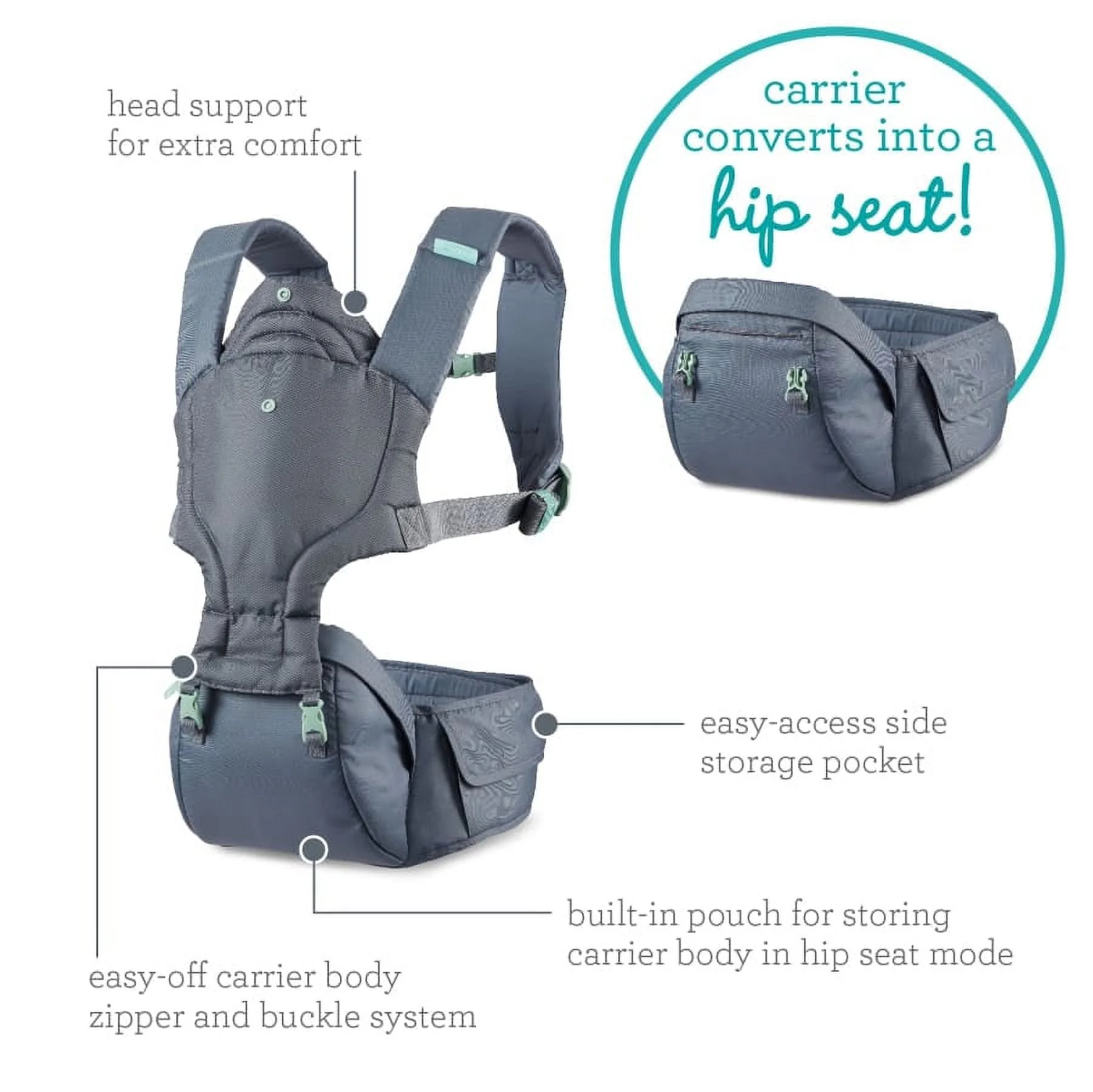 Infantino Hip Rider 5-in-1  Hip Seat Baby Carrier for Infants and Toddlers 12-45 lbs, 5-Position, Gray - Womvr