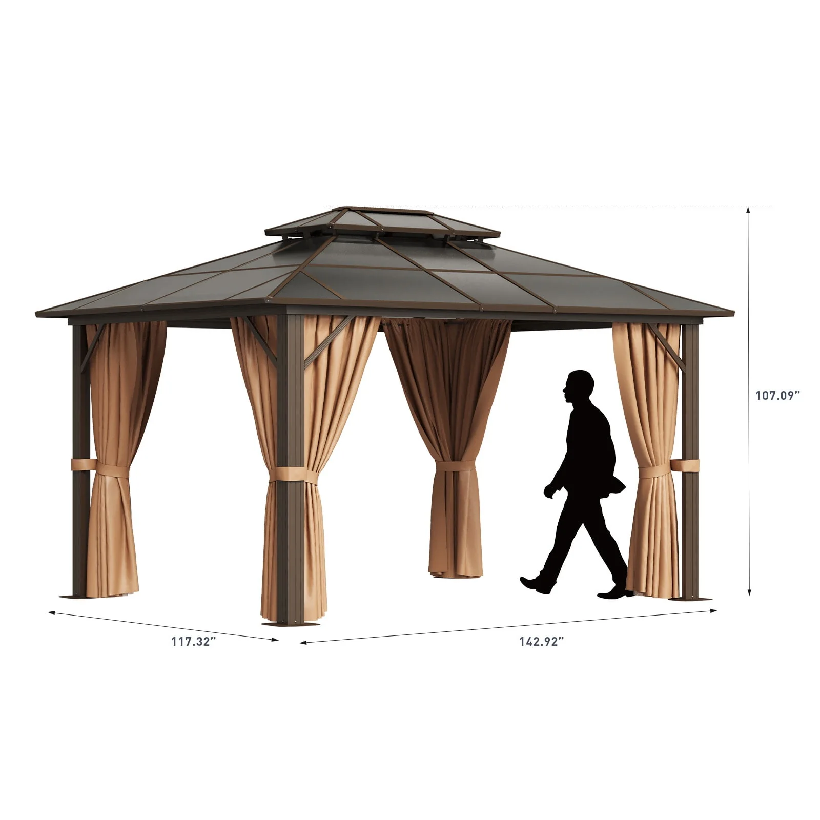 Aoxun 10 ft. x 12 ft. Hardtop Gazebo, Double Polycarbonate Roof Aluminum Frame Gazebo W/Curtain and Netting, Brown - Womvr