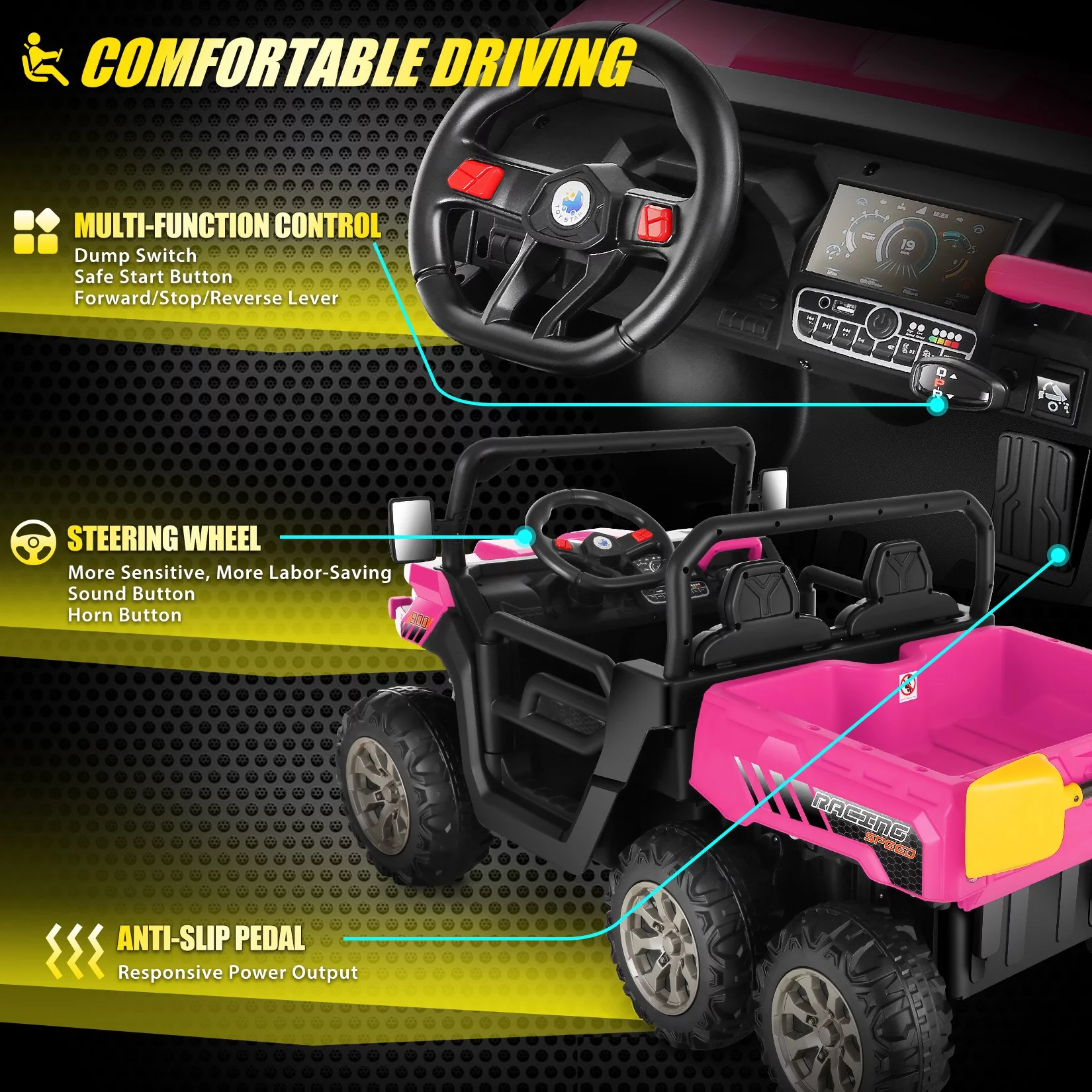 Funcid 24 V 4WD Kids Kids Ride on UTV with Remote Control, 2 Seater 6-Wheel Ride on Dump Truck Car, Ride on Toys w/ Tipping Bucket Trailer & Shovel,Bluetooth Music, Black - Womvr