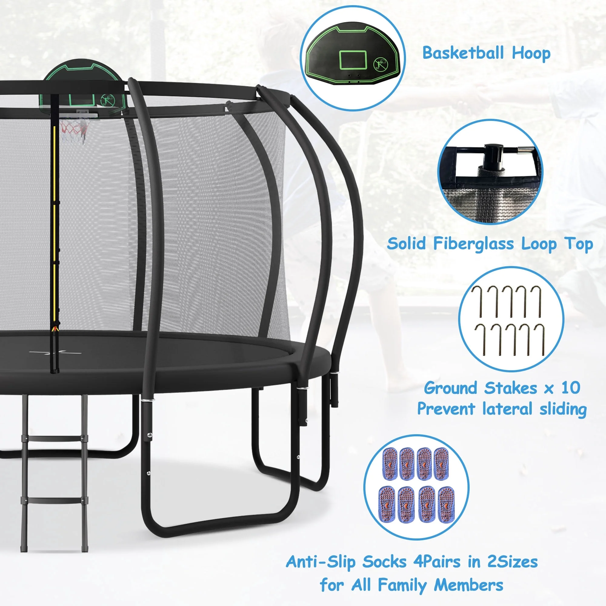 Jump Into Fun Trampoline 12FT 14FT 15FT 16FT, 1200LBS Trampoline for Adults/ 5-6 Kids, Trampoline with Enclosure, Basketball Hoop, Wind Stakes, Outdoor Upgraded Arc Pole Trampoline - Womvr