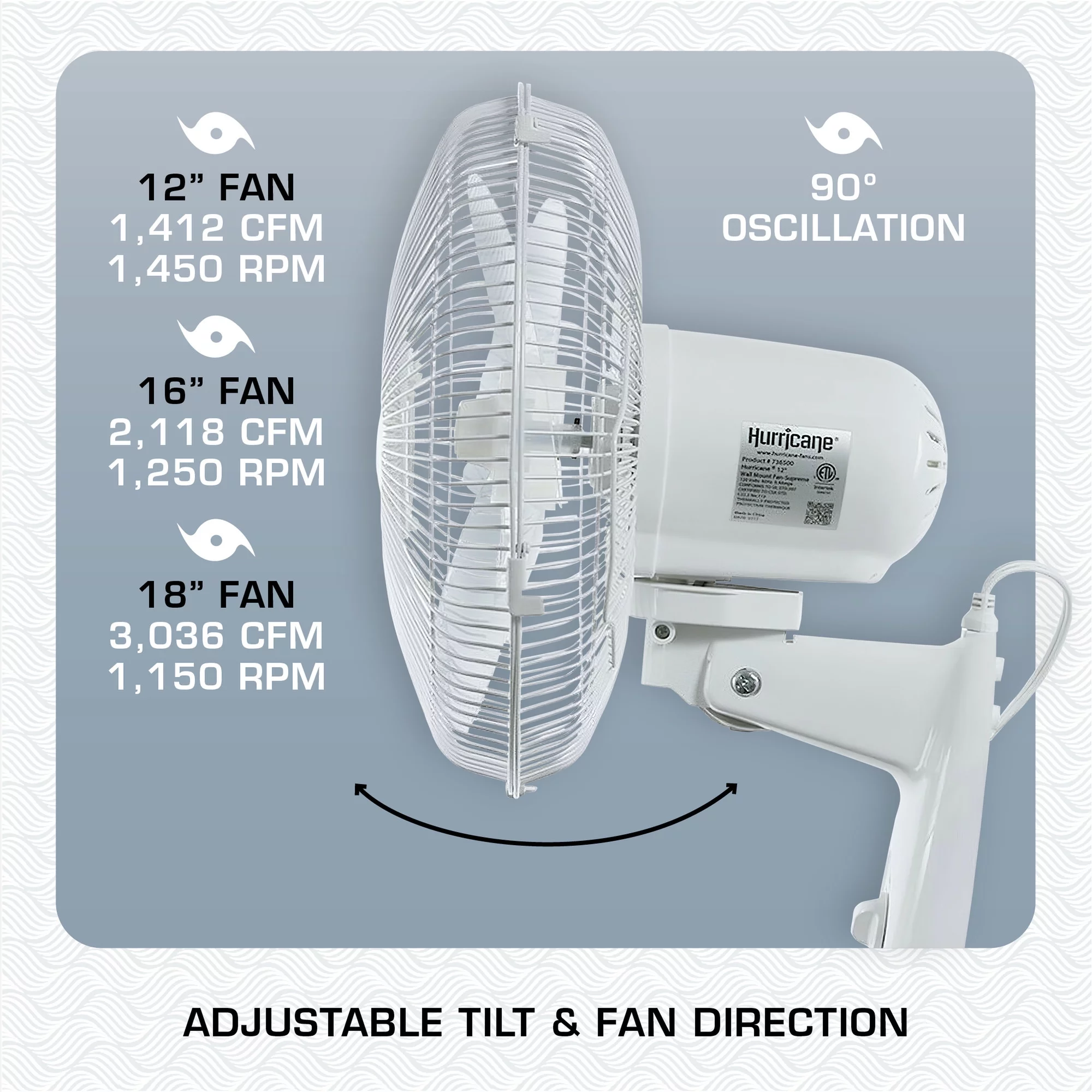 Hurricane Supreme 18 Inch Oscillating Wall Mount Fan, White - Womvr