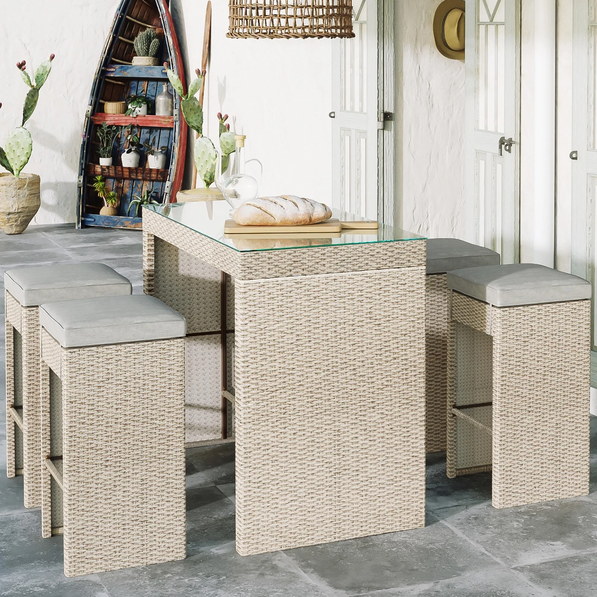 SESSLIFE 5 Piece Outdoor Rattan Dining Set with Storage Shelf, Patio Bar Table and 4 Stools Set, Modern Gray Wicker Outdoor Furniture Sets - Womvr
