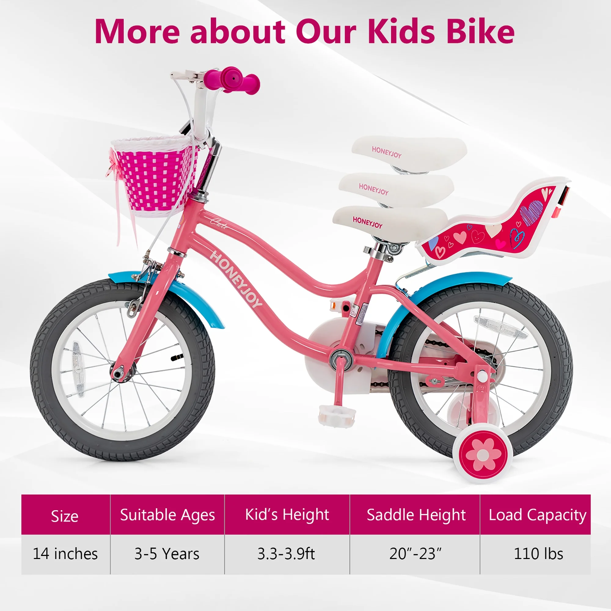 Gymax 14 Inches Kids Bicycle w/ Doll Chair & Basket Kids Bike w/ Training Wheels Pink - Womvr