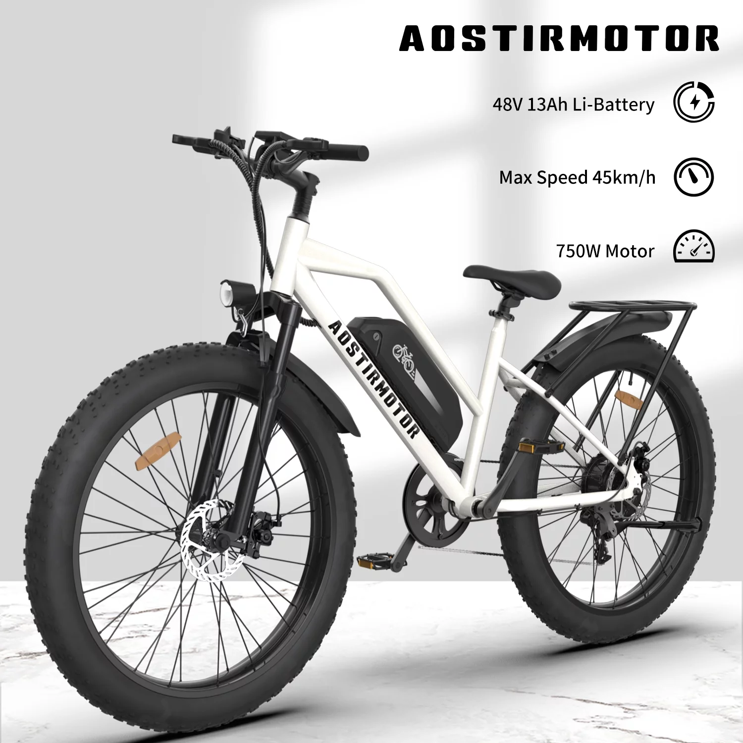 Aostirmotor Electric Mountain Bike, 749W Motor 48V 13AH Removable Lithium Battery Ebike with Rack, 26