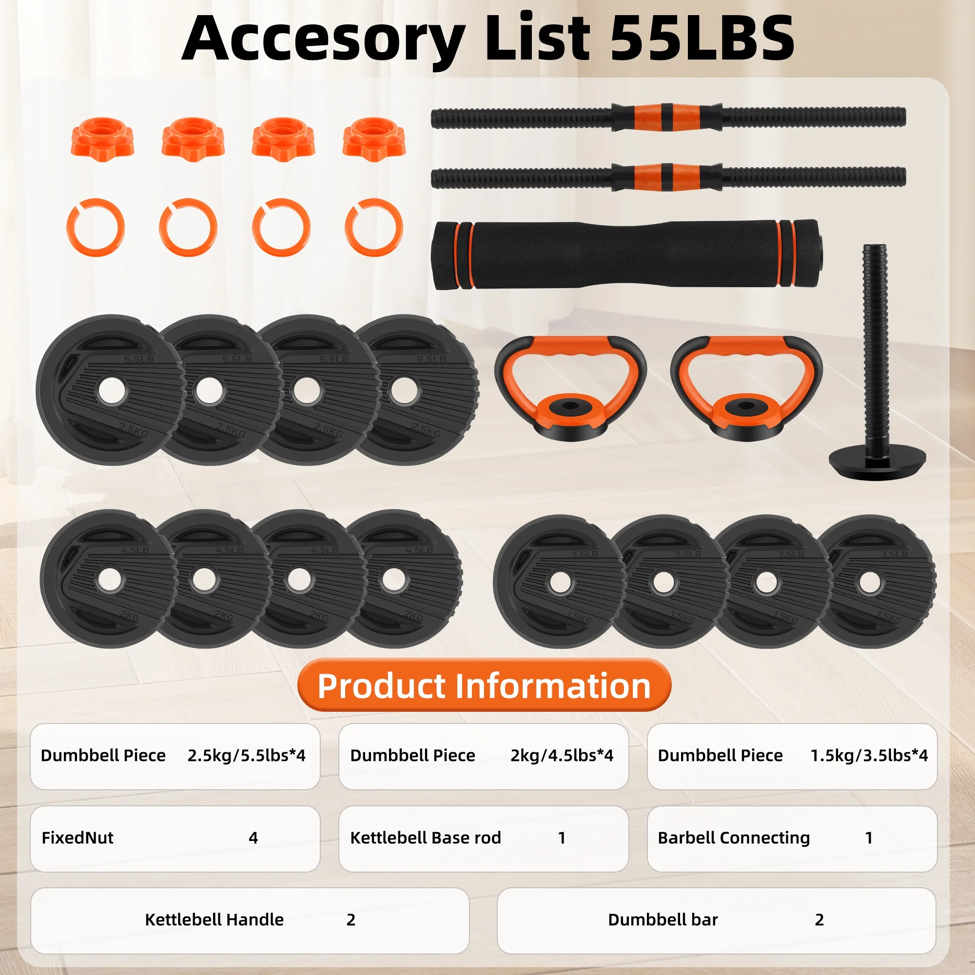 FIXTECH 55 Lbs Adjustable Weight Dumbbell Set - Premium Home Gym Equipment with Dumbbell, Barbell, Kettlebell, Push-Up Modes, Orange - Womvr