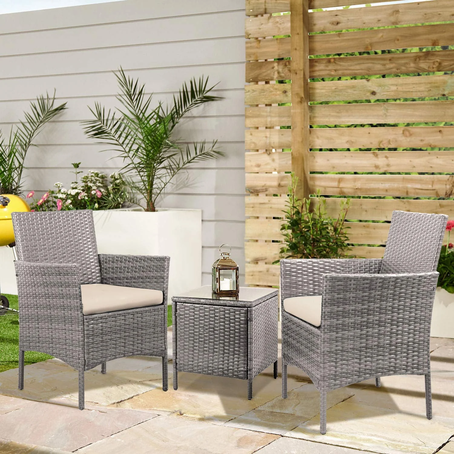 Lacoo 3 Pieces Outdoor Patio Furniture PE Rattan Wicker Table and Chairs Set Bar Set with Cushioned Tempered Glass, Brown/Beige, 2 - Womvr