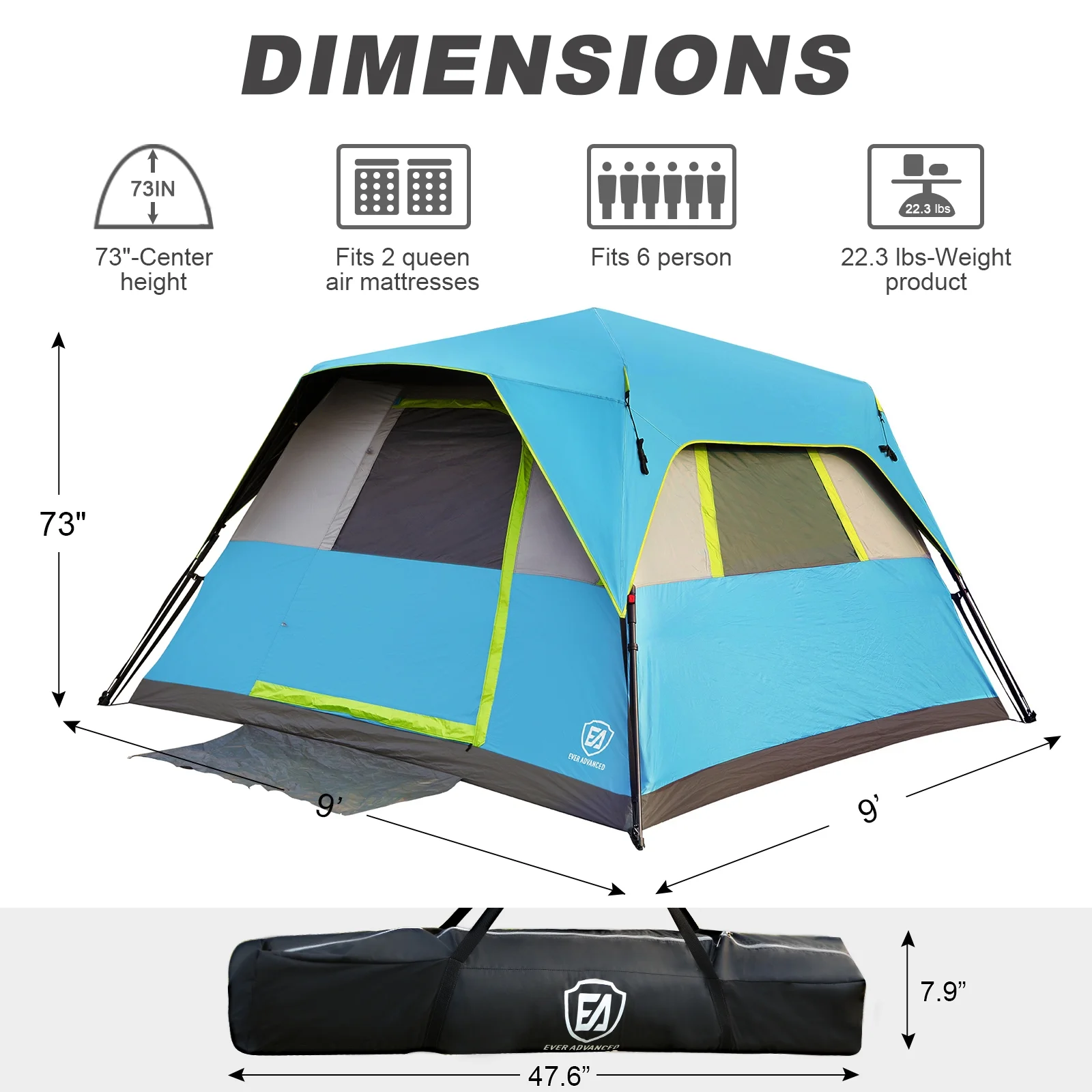 EVER ADVANCED 6 Person Blackout Camping Tent, Instant Family Cabin Tents with Rainfly, 60s Quick Setup, Water-Resistant, Blue - Womvr