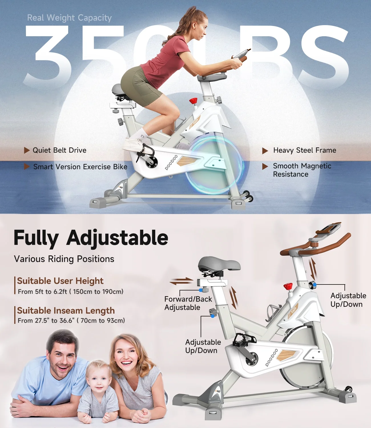 Pooboo Professional Bluetooth Magnetic Exercise Bikes Belt Driven Indoor Cycling Bike with Heavy-duty Flywheel - Womvr