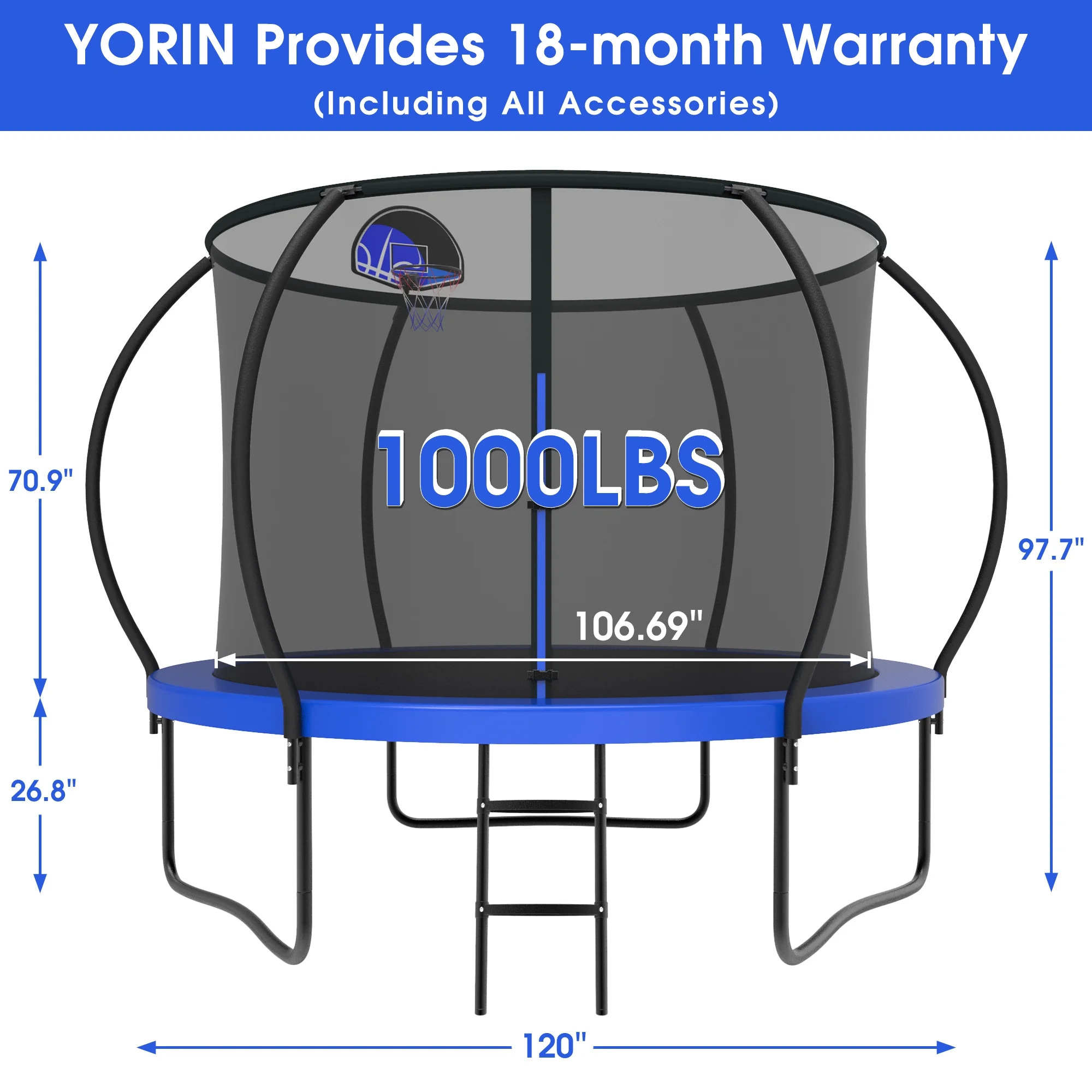 YORIN Trampoline for 2-3 Kids, 8FT 10FT Trampoline for Adults with Enclosure Net, Basketball Hoop, Ladder, 800LBS Outdoor Recreational Trampoline with Light, Sprinkler, Socks, Heavy Duty Trampoline - Womvr