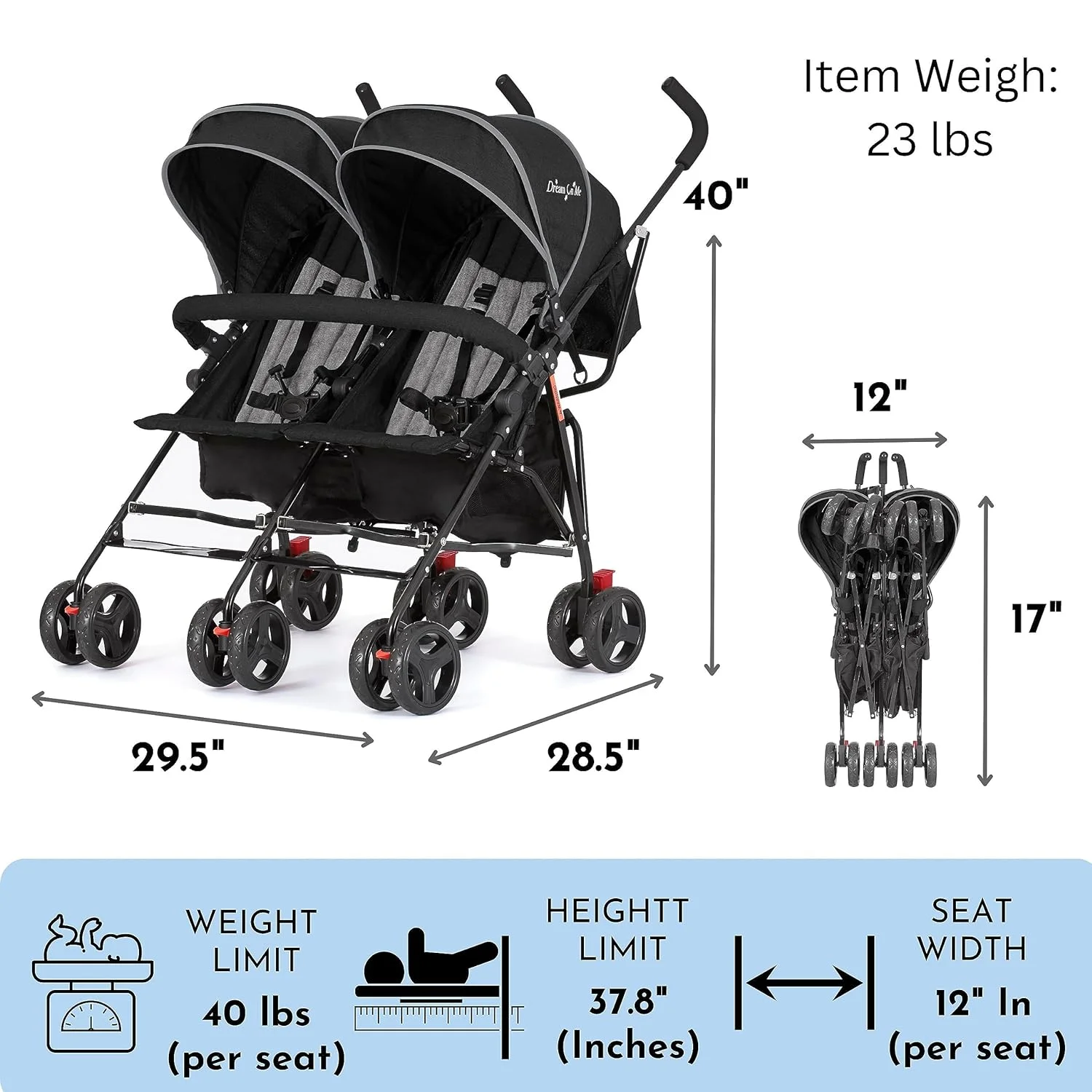 Dream On Me Vo o Twin Umbrella Stroller in Gray, Lightweight Double Stroller for Infant & Toddler, Compact Easy Fold, Large Storage Basket, Large and Adjustable Canopy - Womvr