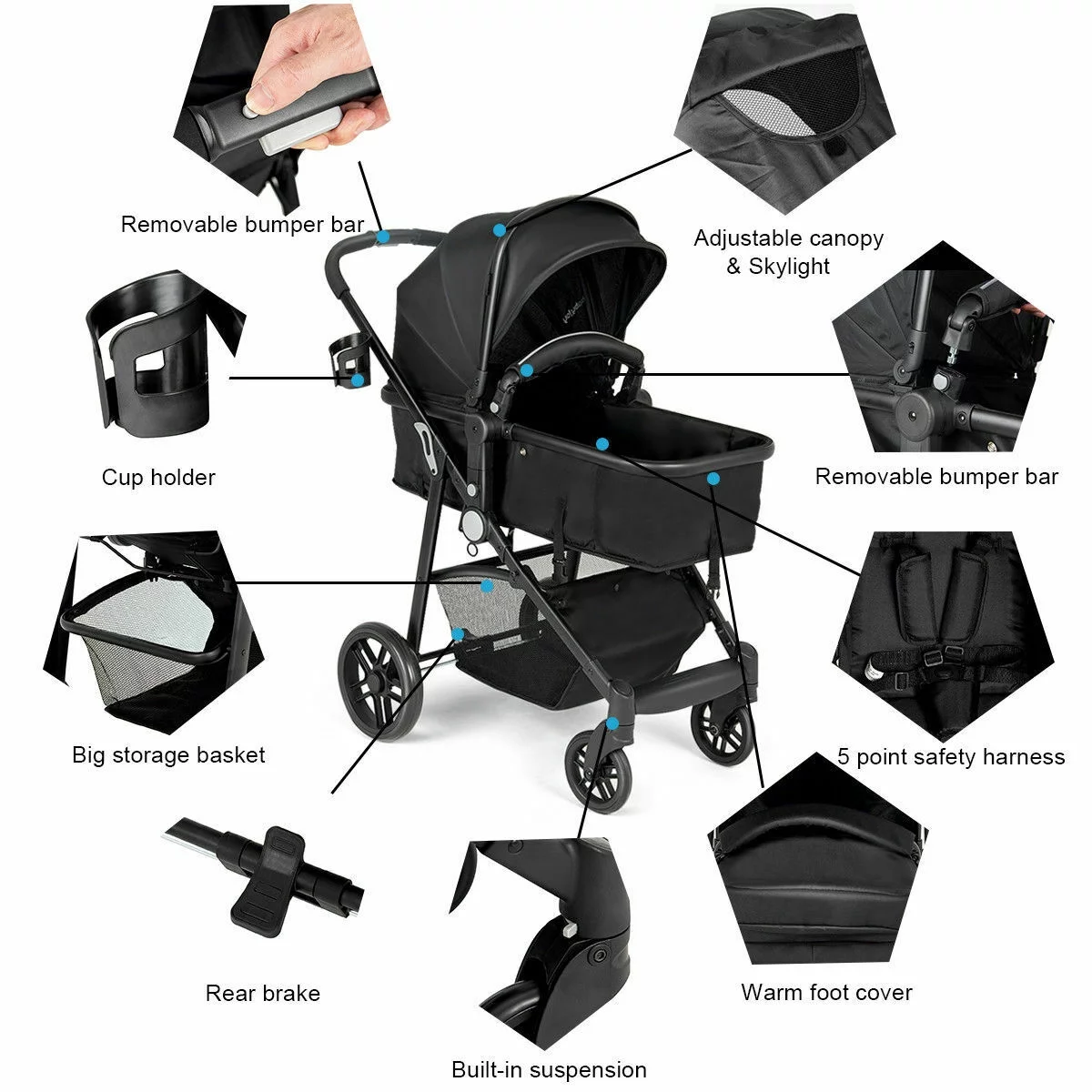 Costway Foldable Baby Stroller 2 in1 Newborn Infant Travel Buggy Pushchair Black - Womvr