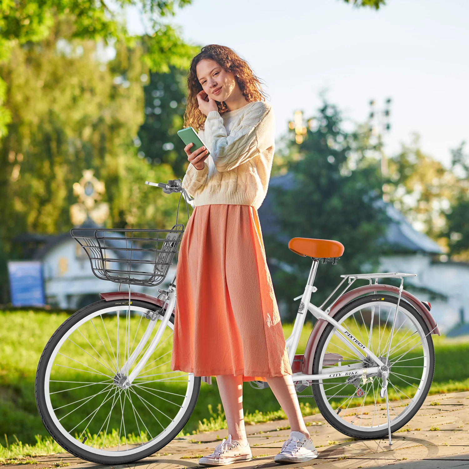 FIXTECH 7 Speed Foldable Comfort Cruiser Bike, 26 inch with Basket for Women and Girls, White - Womvr