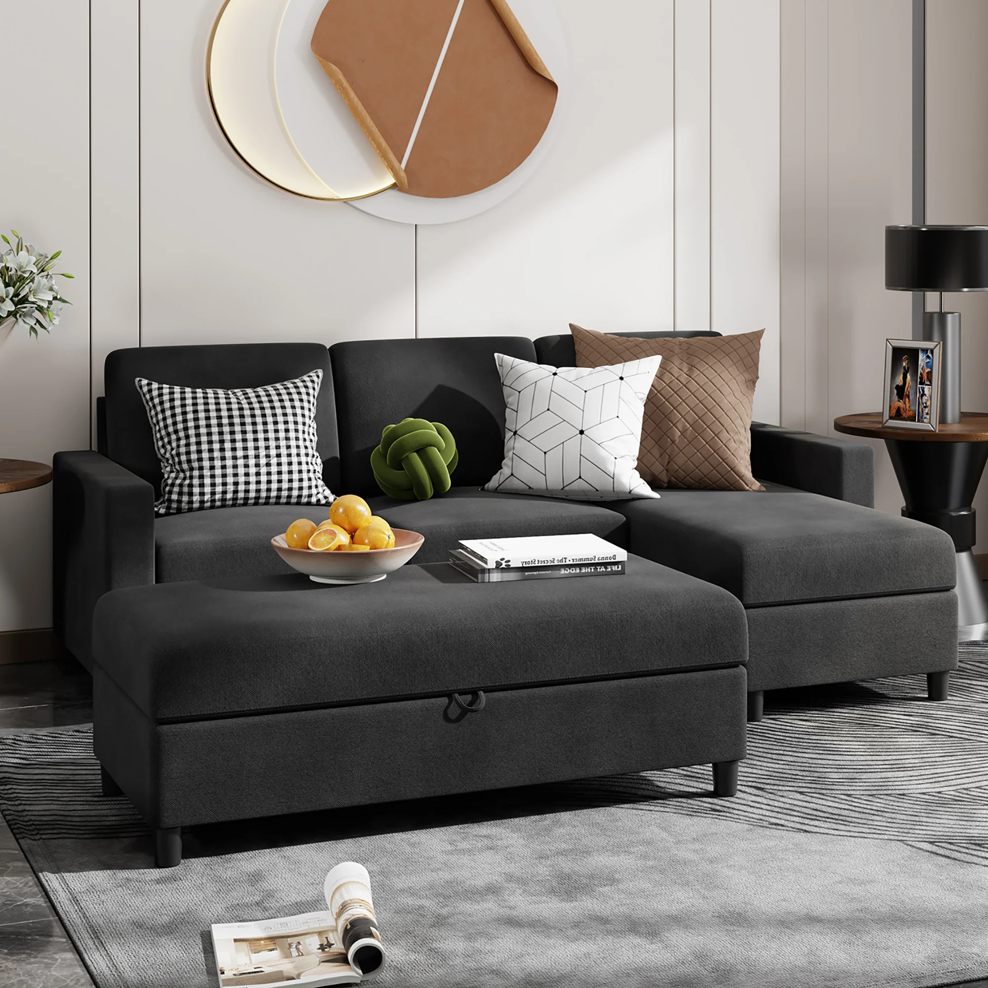 Walsunny Convertible Sectional L-Shaped Sofa with Modern Linen Fabric(Grayish Black) - Womvr
