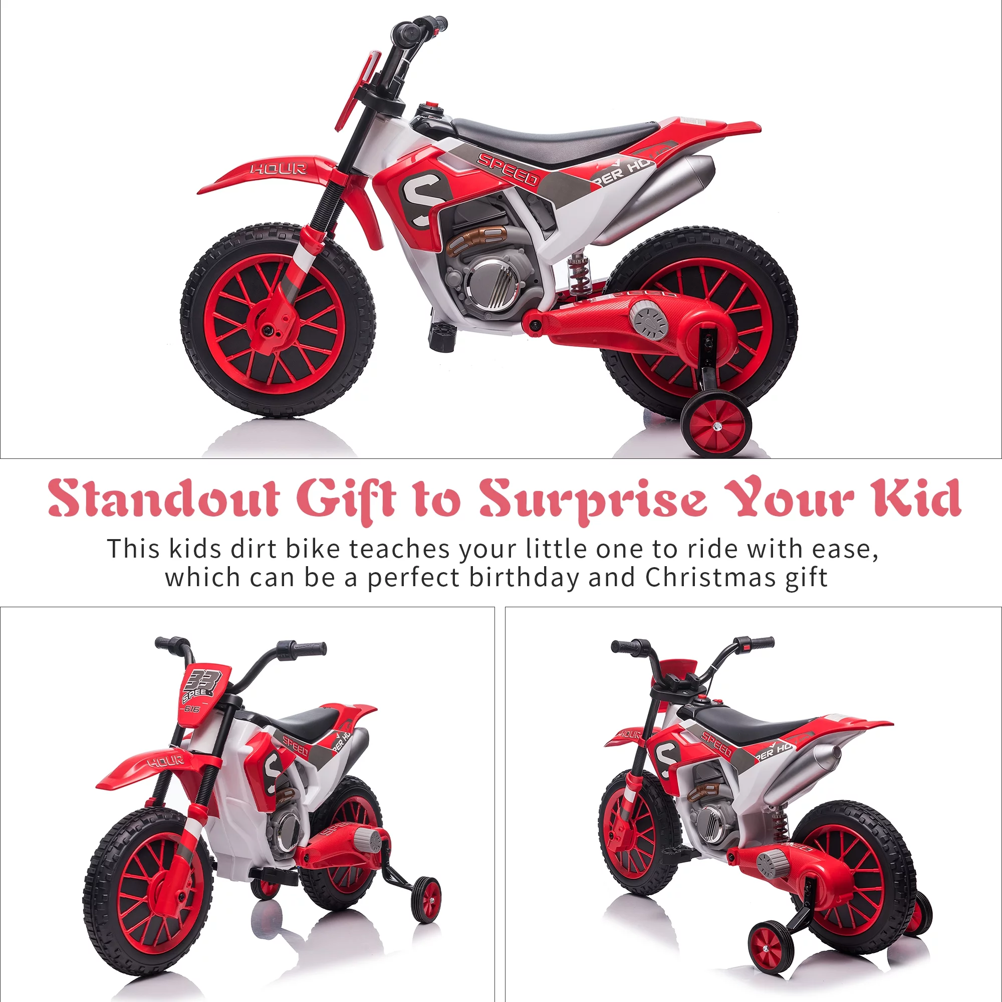 TOBBI 12V Kids Motorcycle off- Road Ride on Dirt Bike W/ Training Wheels, Age 3-8 Toddlers, Green - Womvr