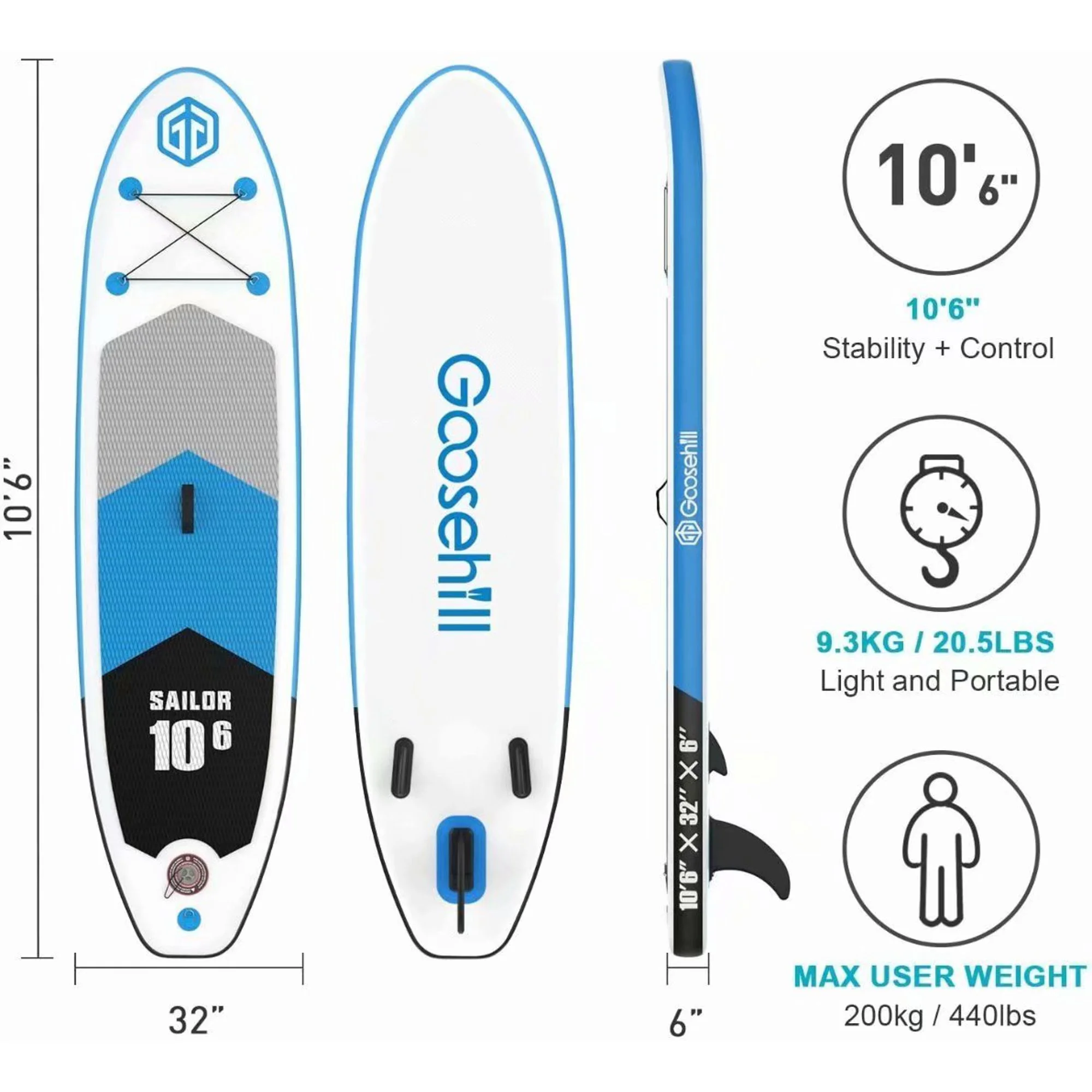 Goosehill Sailor Inflatable Stand Up High-quality Teal Paddle Board, lightweight, SUP Package, 10'6