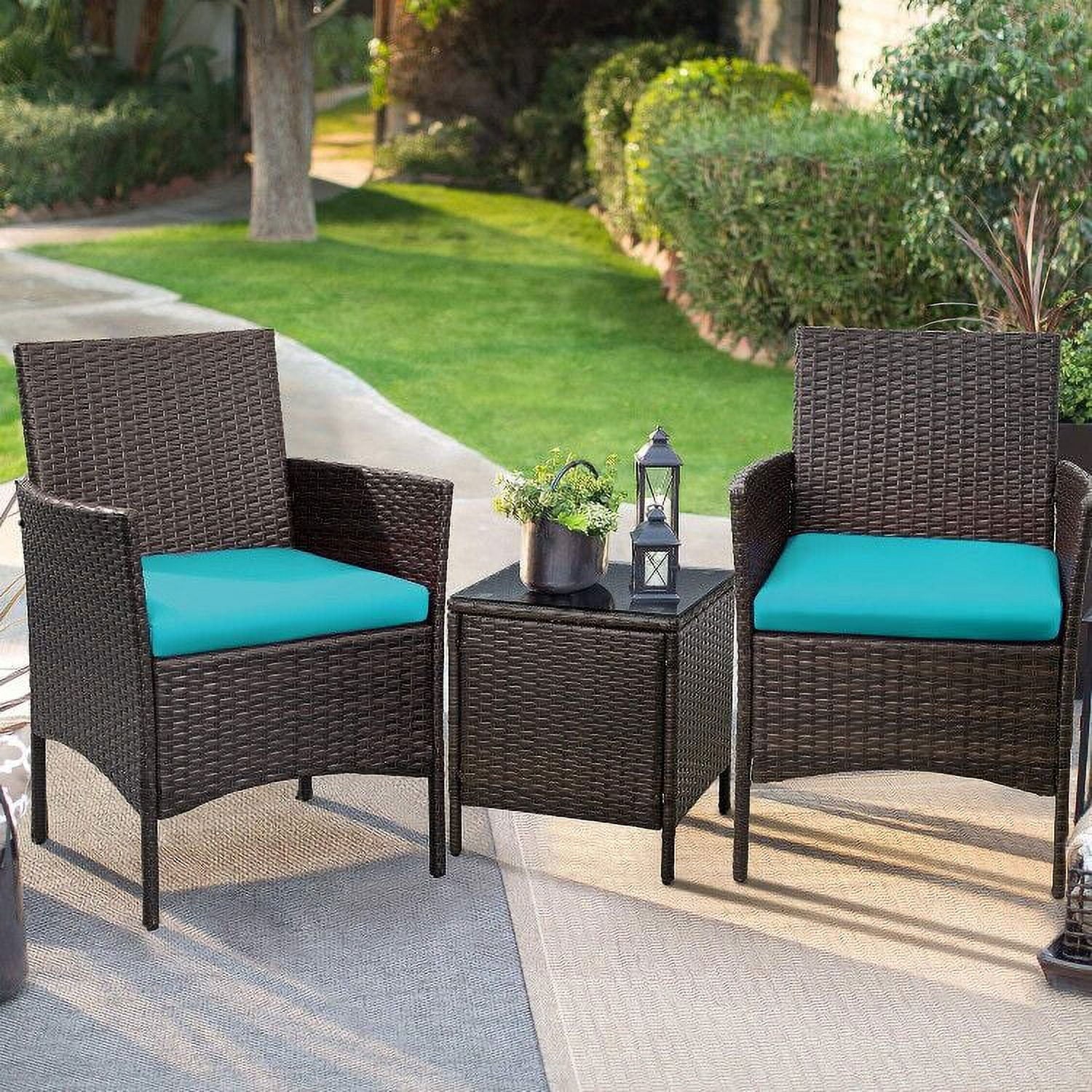 Lacoo 3 Pieces Outdoor Patio Furniture PE Rattan Wicker Table and Chairs Set Bar Set with Cushioned Tempered Glass, Brown/Beige, 2 - Womvr
