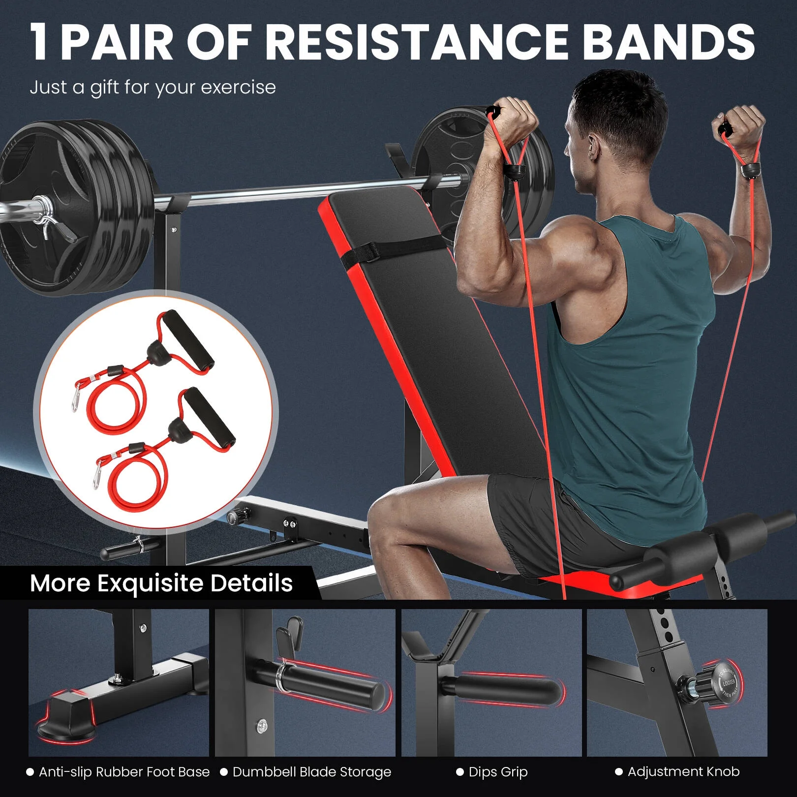 VIBESPARK Adjustable Weight Bench Set 6 in 1 Bench Press Workout Bench with Barbell Rack Removable Foot Bracket, Pairs of Resistance Bands for Home Gym Training - Womvr