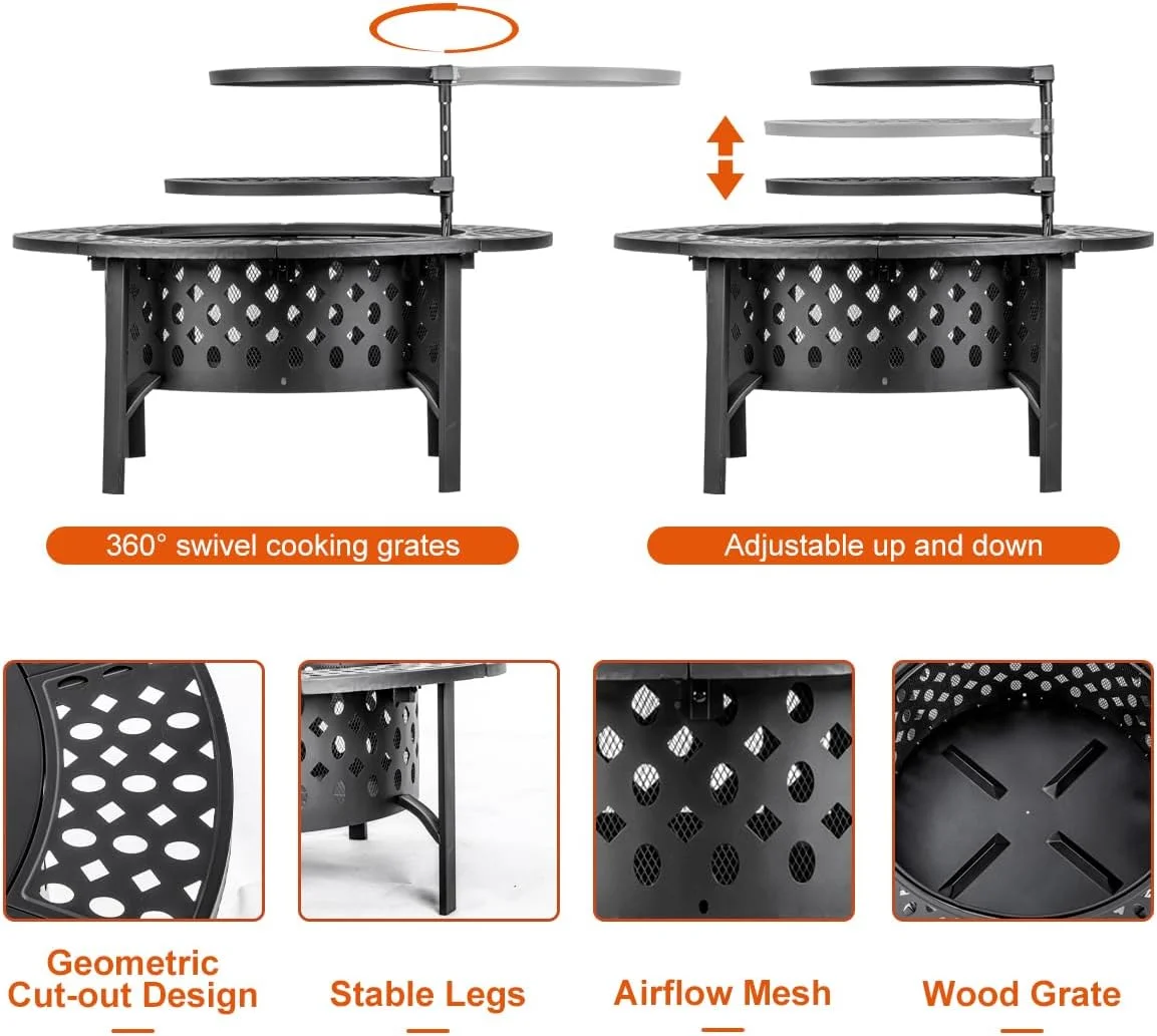 36 Inch Fire Pit with 2 Grills, Wood Burning Fire Pits for Outside with Lid, Poker and Round Waterproof Cover, BBQ& Outdoor Firepit & Round Metal Table 3 in 1 for Patio, Picnic, Party - Womvr