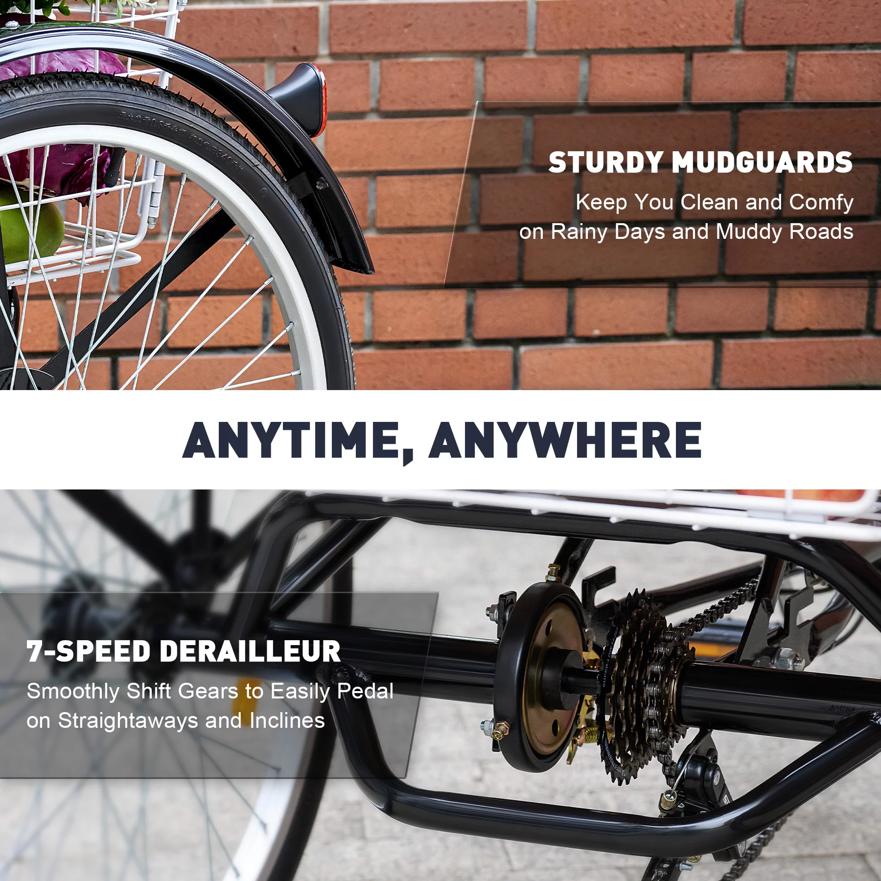 VIRIBUS 26 Inch Adult Tricycle 3 Wheel Bike with 7 Speeds & Basket for Men Women, Black - Womvr