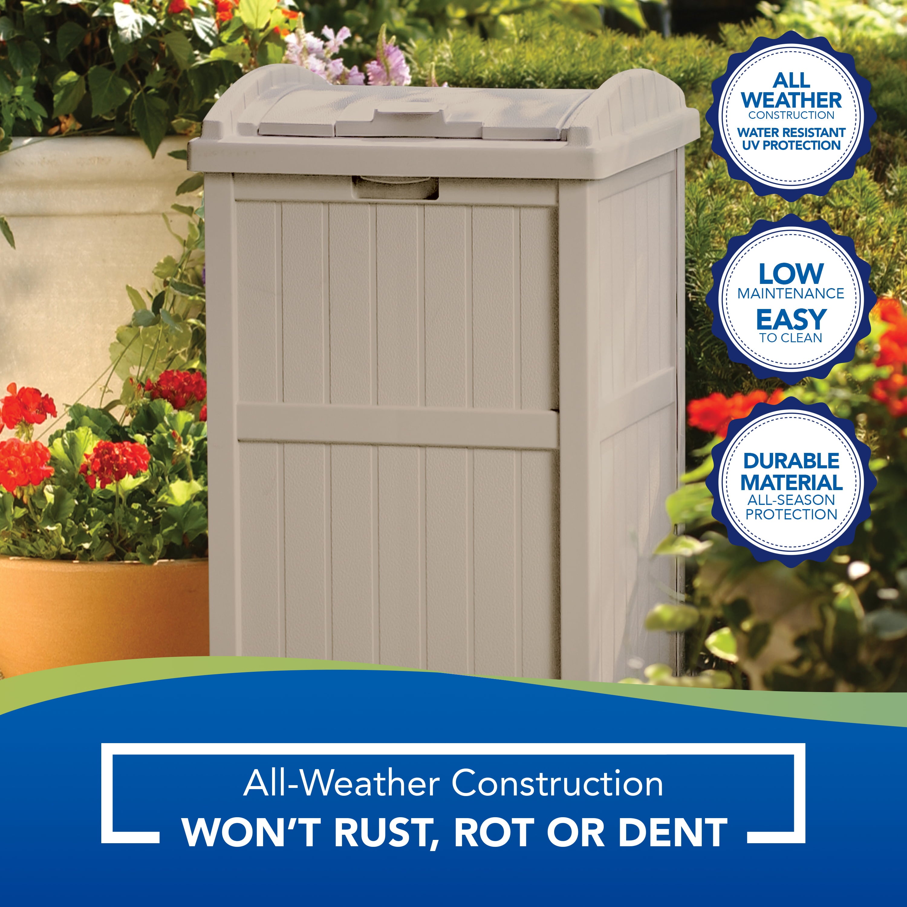 Suncast Outdoor Hideaway Trash Container for Patio, Taupe, 33 Gallon - Womvr