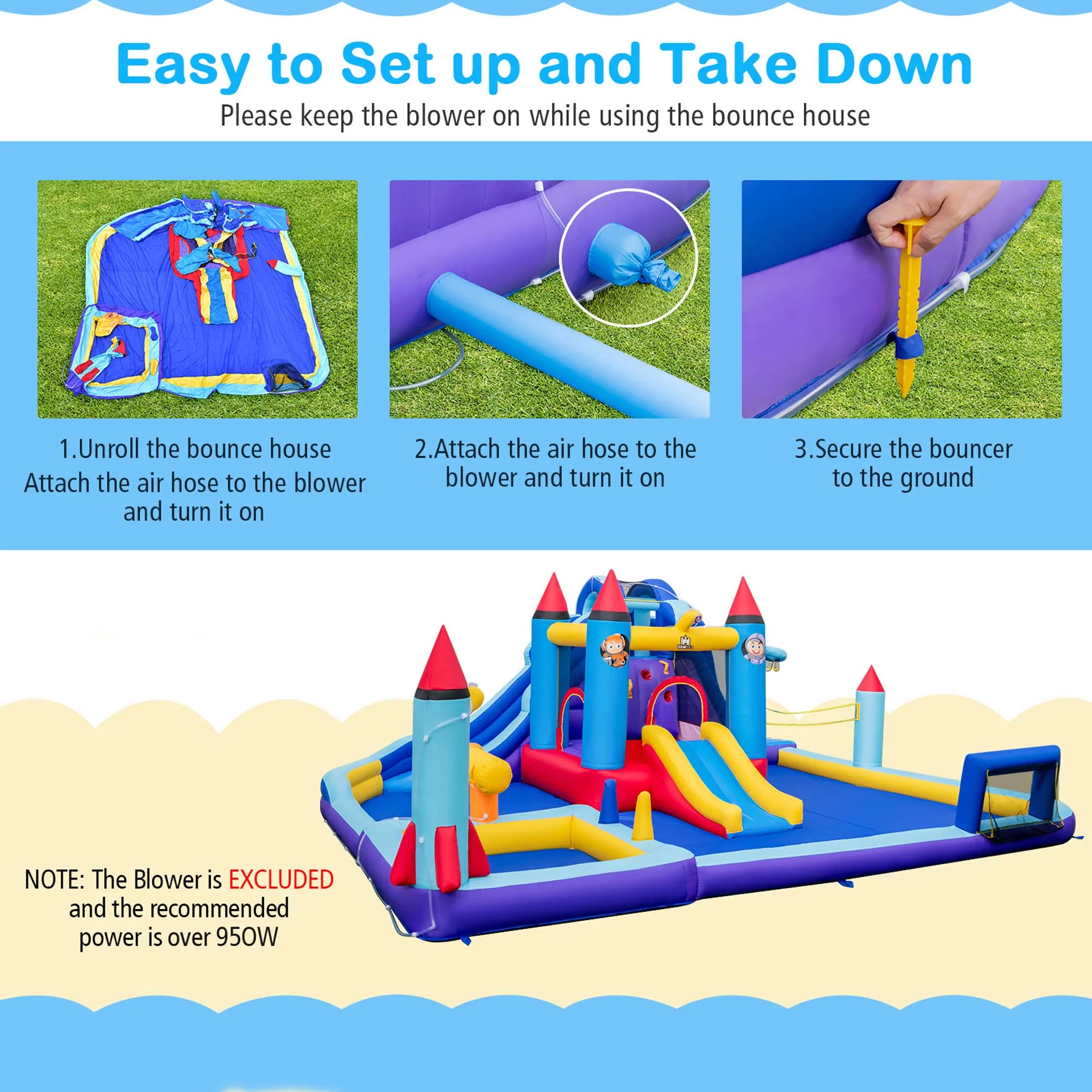 Costway Rocket Theme Inflatable Water Slide Park with 2 Slides Splash Pool without Blower - Womvr