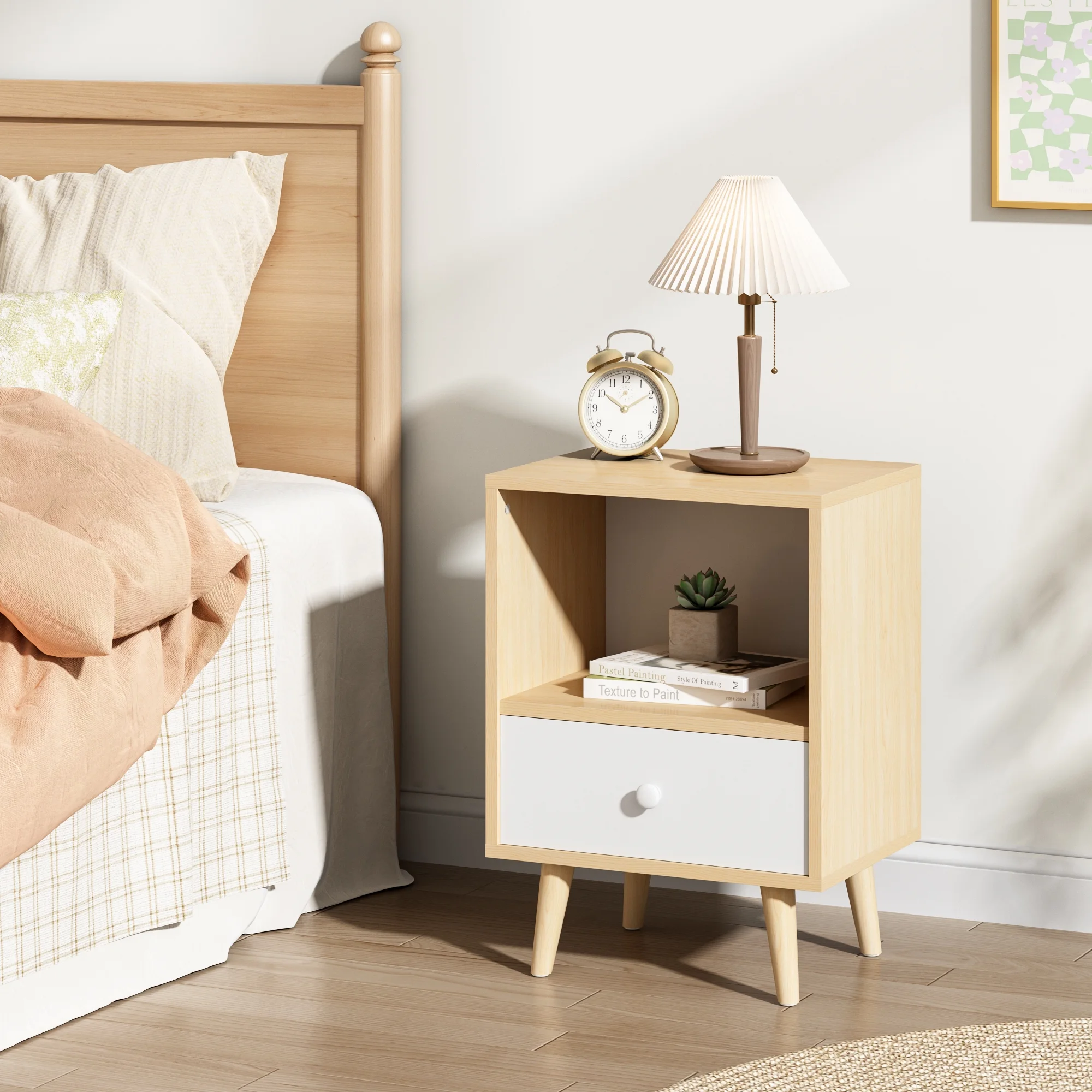 JAXPETY Nightstands Set of 2, Night Stand with 1 Drawer and Open Shelf Storage, End Table, Side Table, for Bedroom, Living Room, Natural Wood & White - Womvr