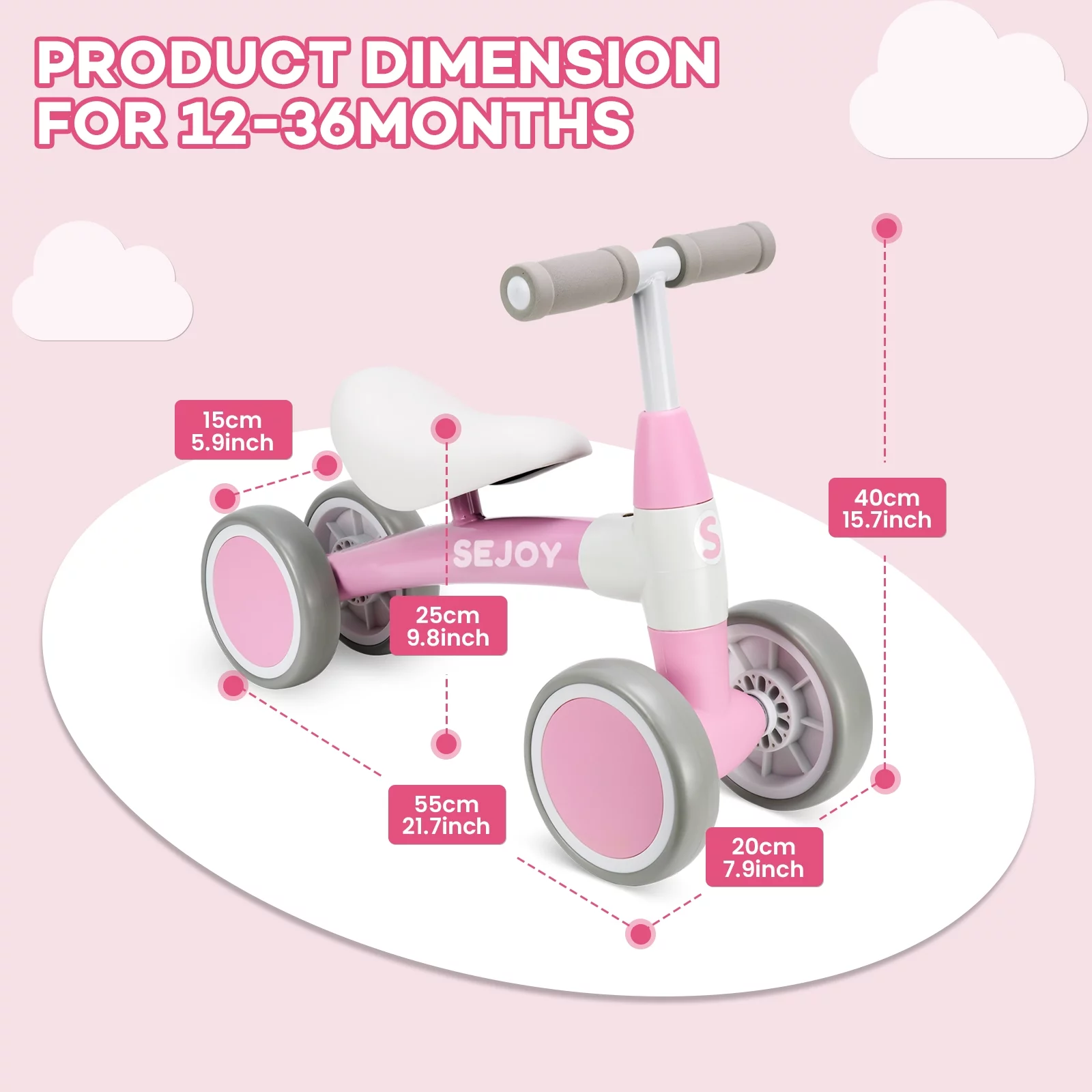 Sejoy Baby Balance Bike Children Walker for 1-3 Years Old Boys Girls 12-36 Months Kids Toddler First Bike 4 Wheels Riding Toys,First Birthday Gifts - Womvr