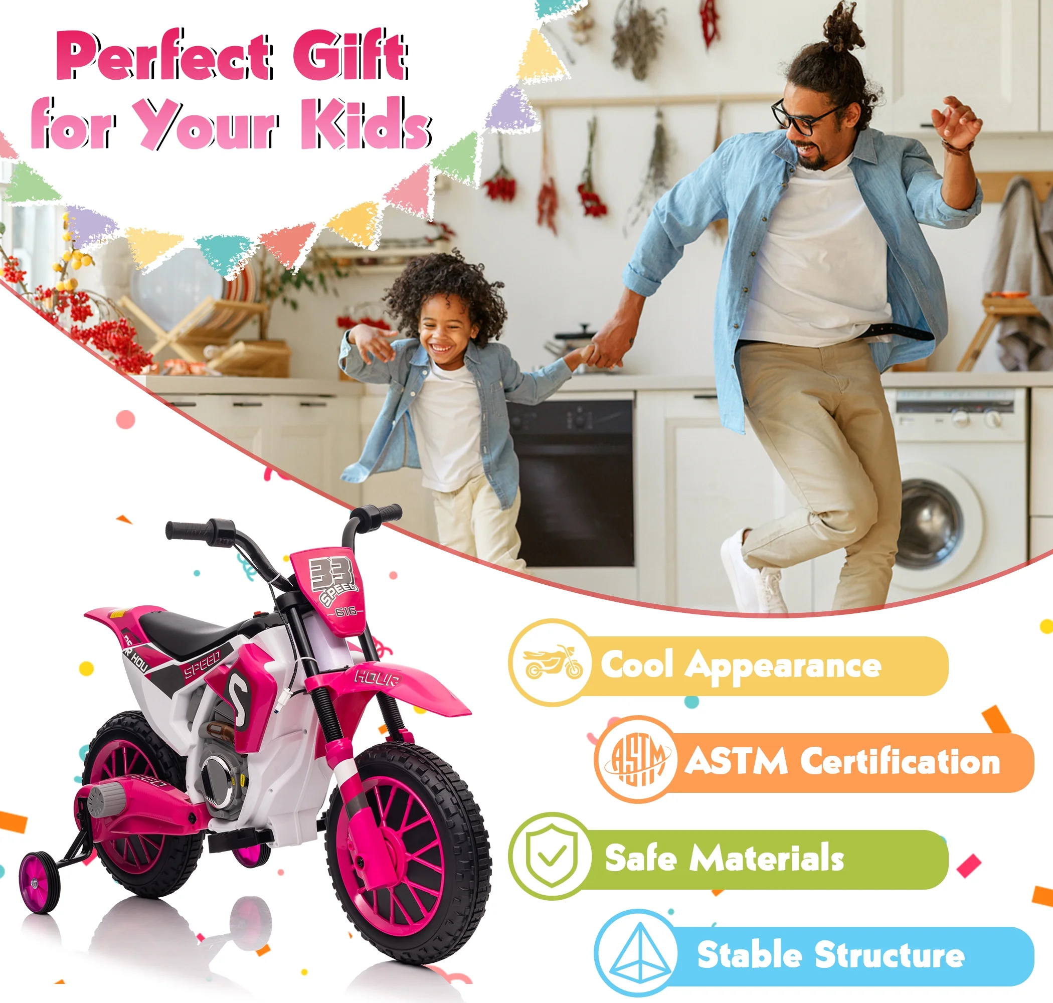 TOBBI 12V Kids Motorcycle off- Road Ride on Dirt Bike W/ Training Wheels, Age 3-8 Toddlers, Green - Womvr