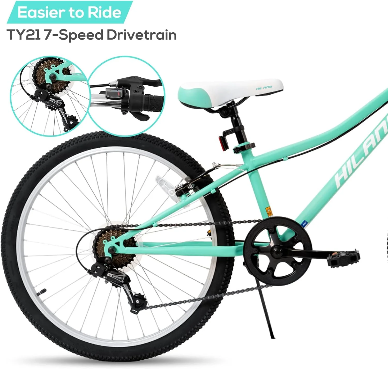 Hiland 24 inch Mountain Bike Shimano 7 Speeds for Teenager with Suspension Fork, Mint Pink - Womvr