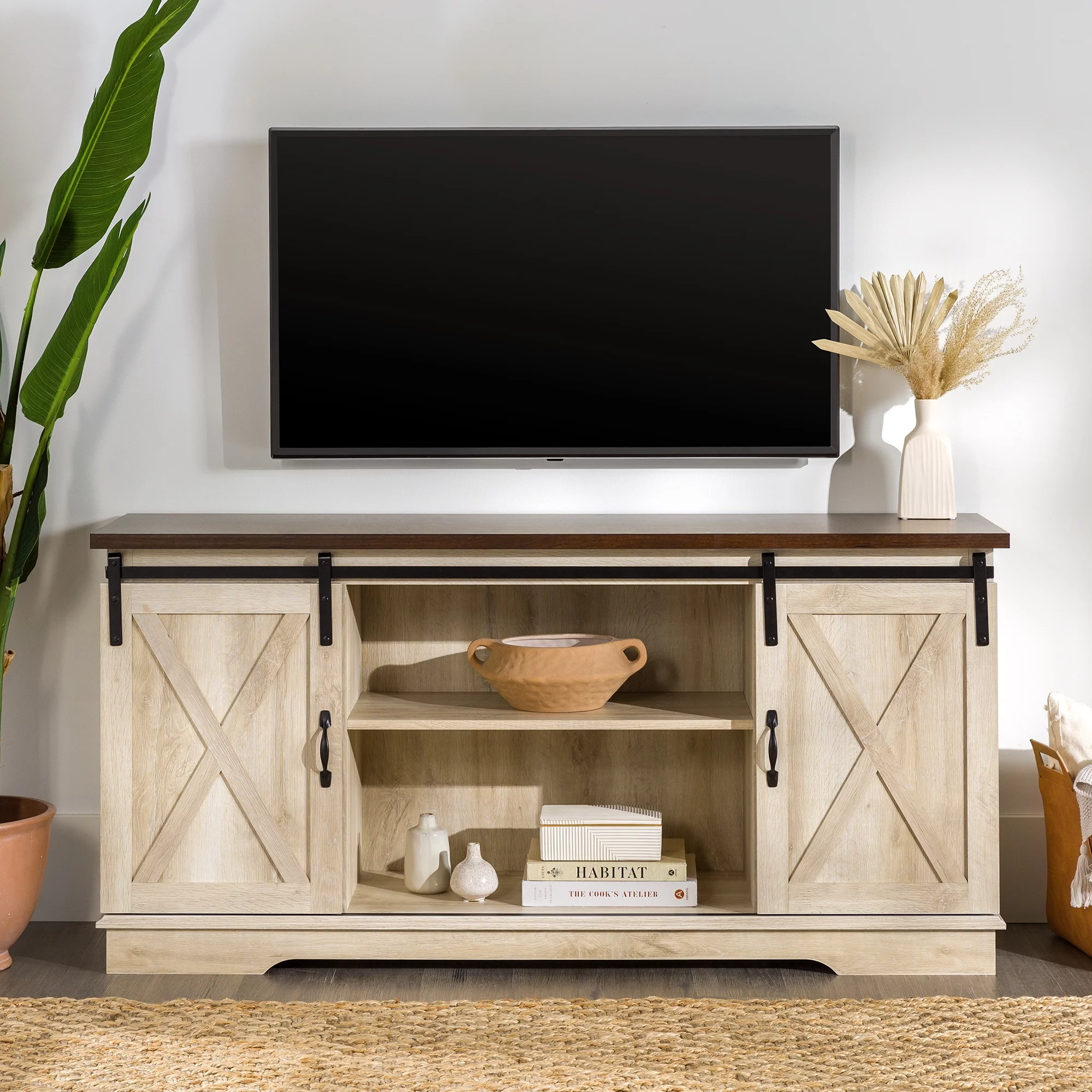 Woven Paths Farmhouse Sliding Barn Door TV Stand for TVs up to 65