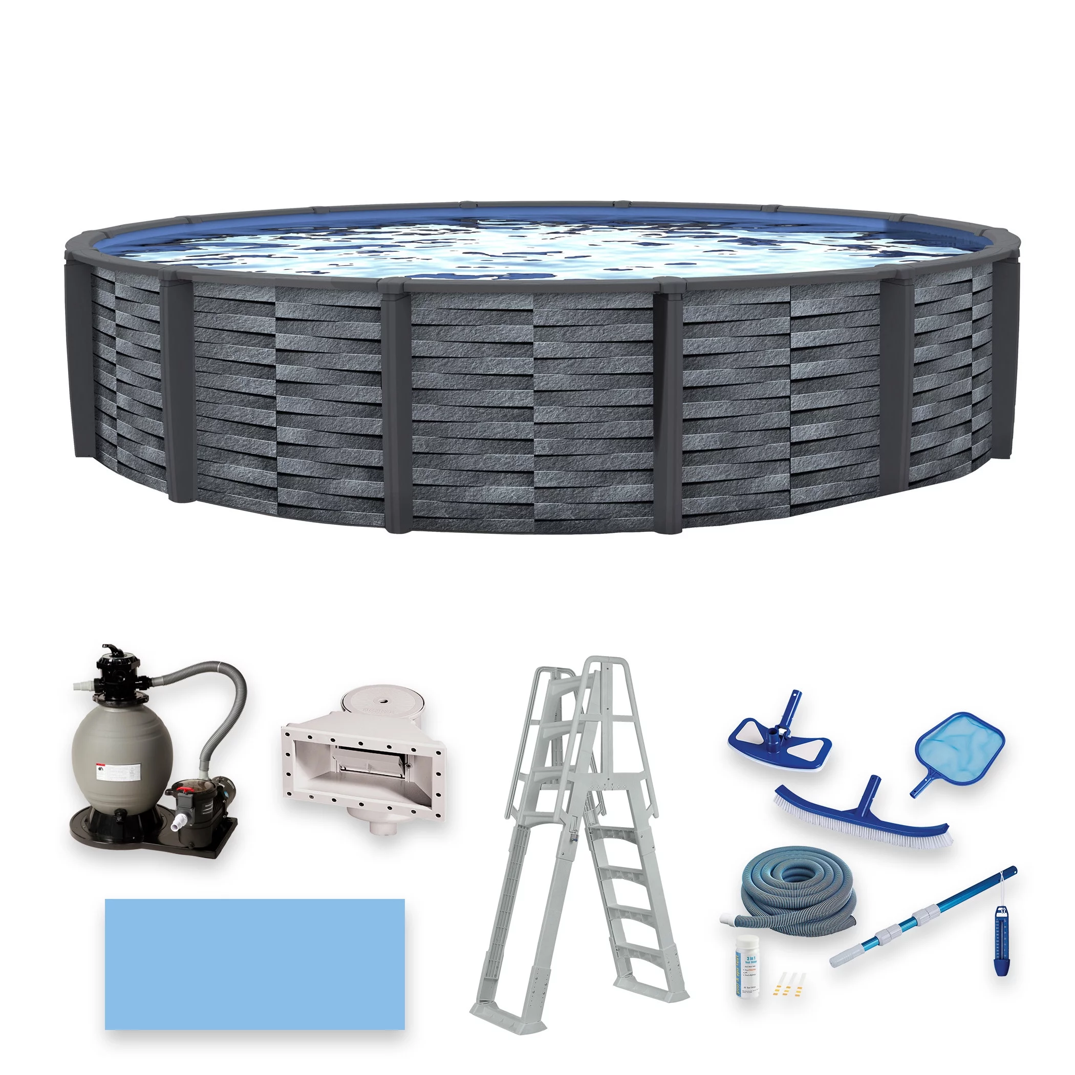 Blue Wave Affinity 15-ft Round 52-in Deep 7-in Top Rail Resin Above Ground Swimming Pool Package - Womvr