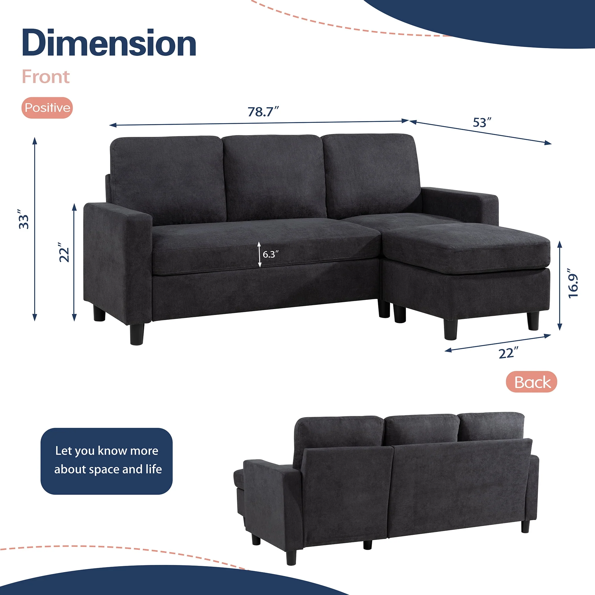 Walsunny Convertible Sectional L-Shaped Sofa with Modern Linen Fabric(Grayish Black) - Womvr