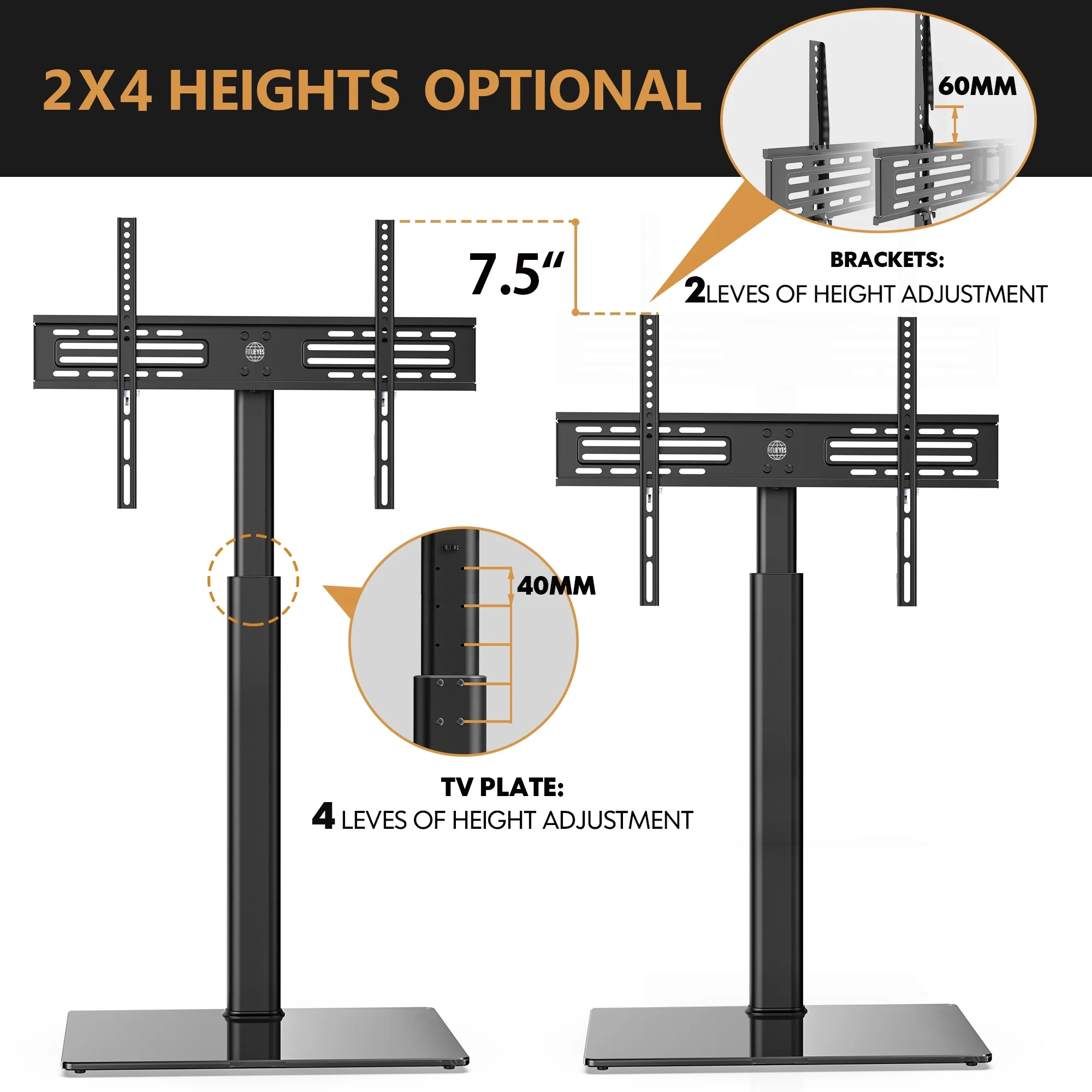 FITUEYES Tempered Glass Base Floor TV Stand 32-65 Inch, Height adjustable,Swivel TV Stand with Mount,Black - Womvr