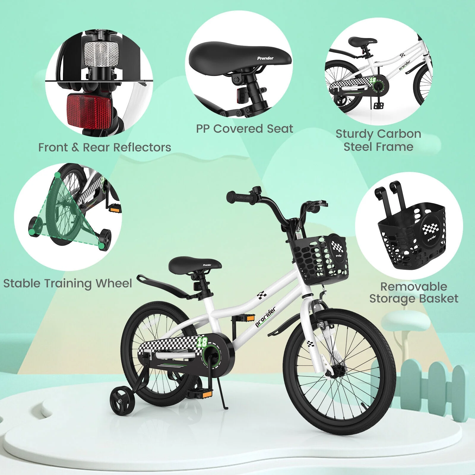 FONIRRA Kid's Bike for Boys Girls, 18 Inch kids' Bicycles with Training Wheels, Coaster Brake & Removable Basket, White - Womvr