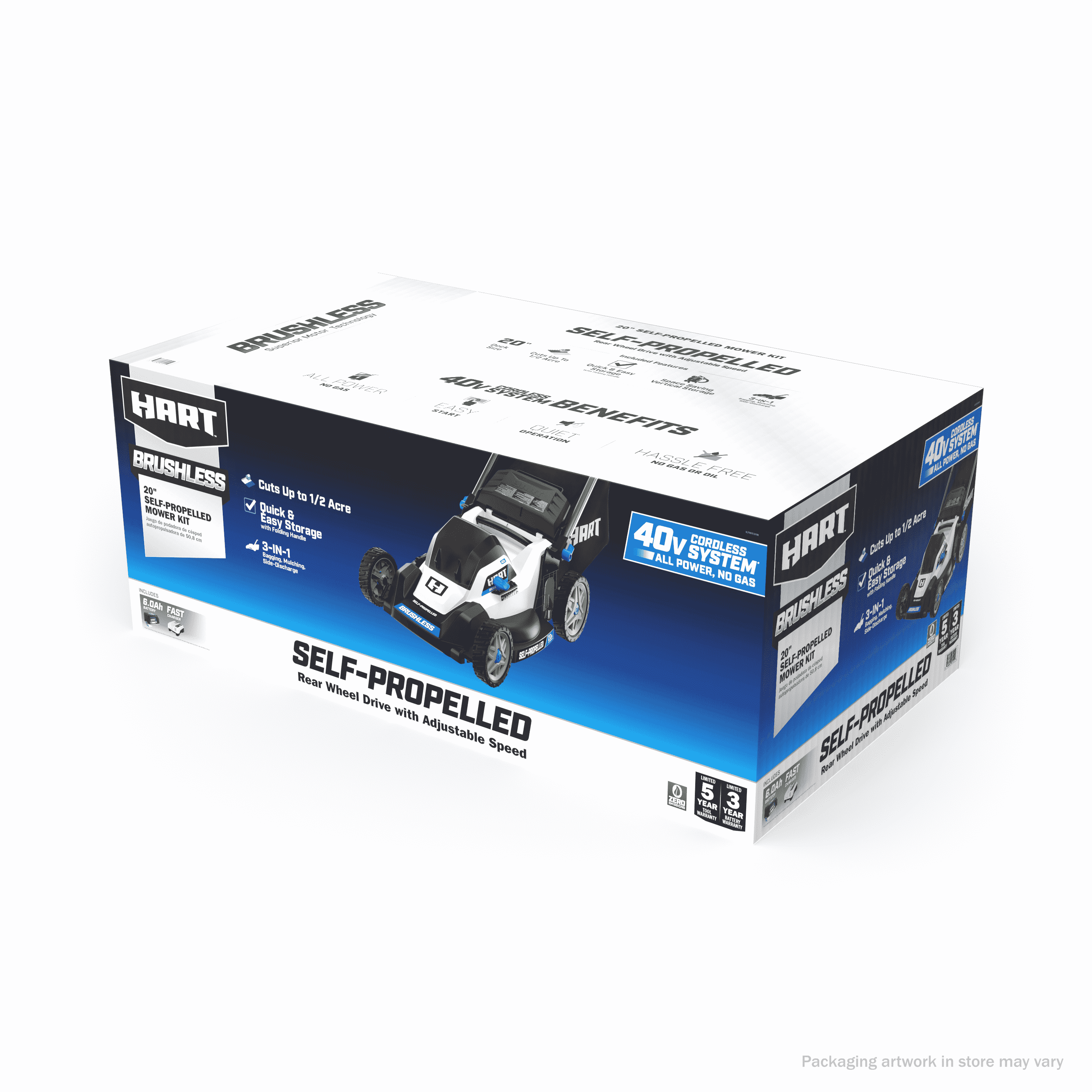 HART 40-Volt 20-inch Self-Propelled Battery-Powered Brushless Mower Kit, (1) 6.0Ah Lithium-Ion Battery - Womvr