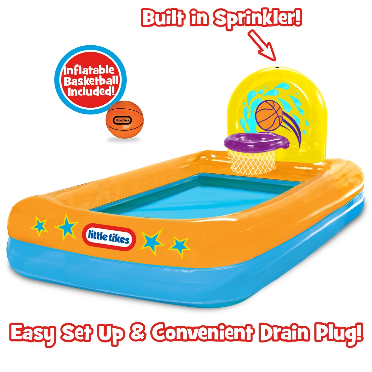 Little Tikes Splash Dunk Sprinkler Pool, Inflatable Pool with Basketball Hoop and Ball for Kids Ages 3-6 - Womvr