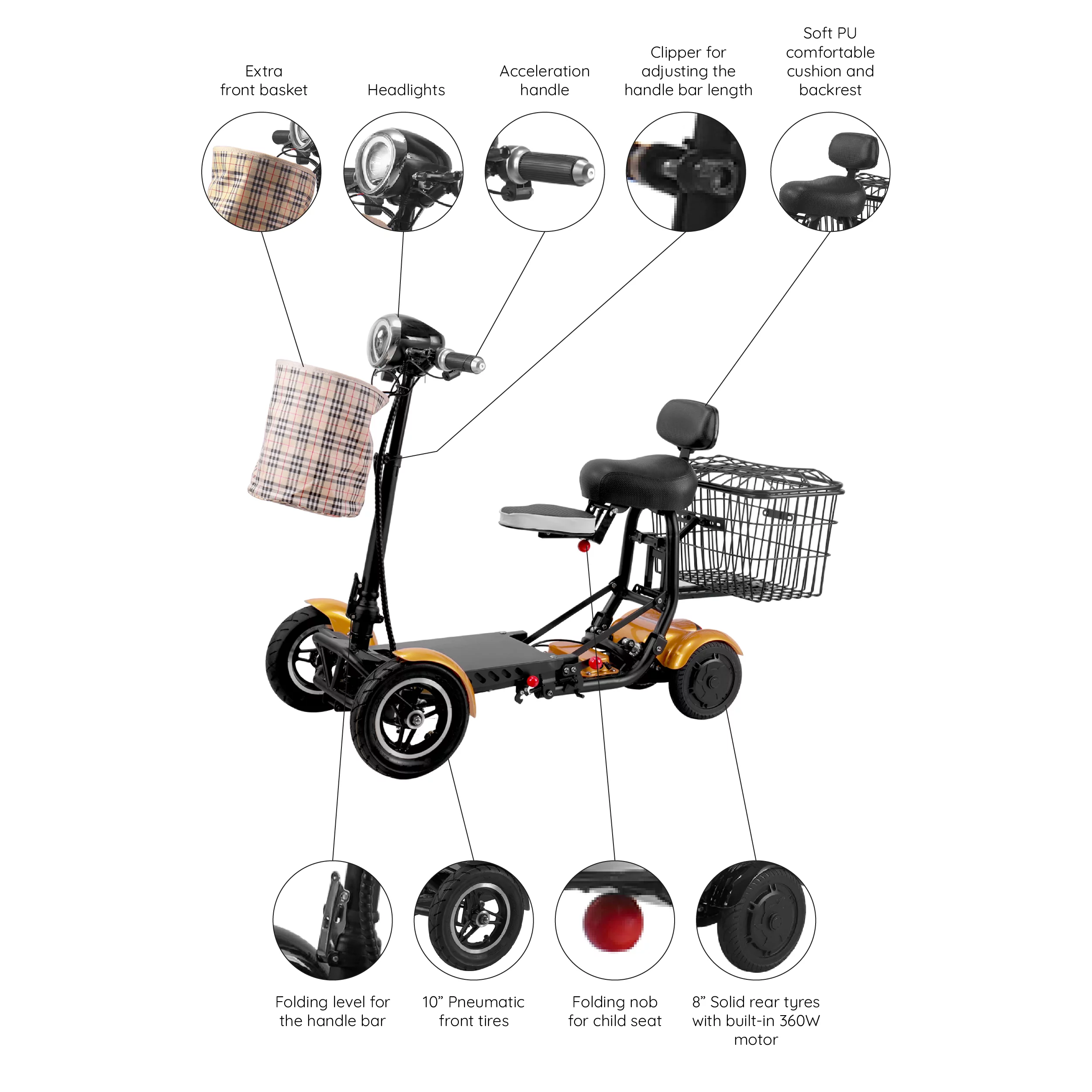 Smart Lightweight Electric Power Scooter, 4 Wheels Foldable Double Seats - Womvr