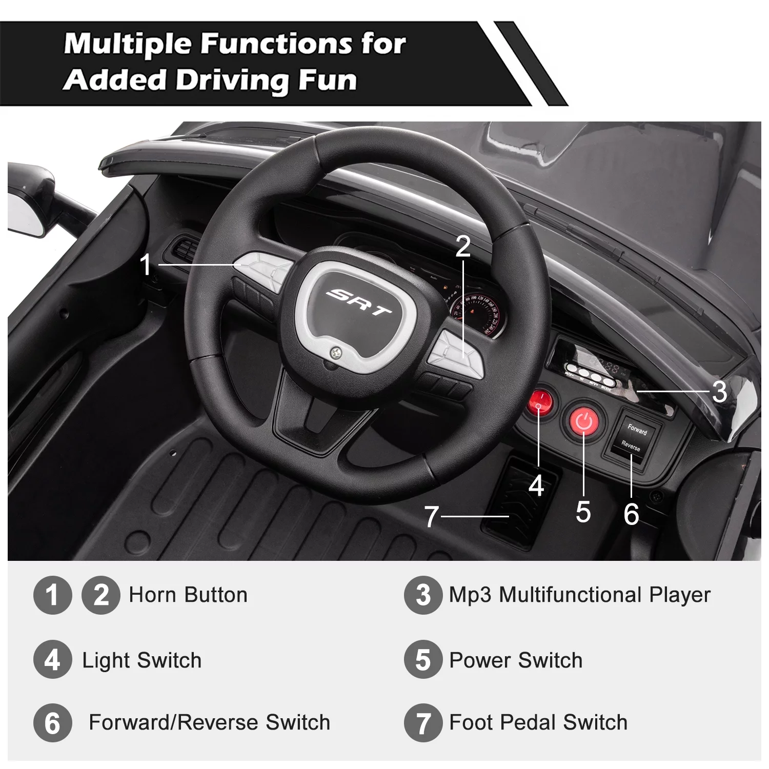 Dodge Challenger 12 V Powered Ride On Car with Remote Control, SRT Hellcat Toys for Kids, Black - Womvr