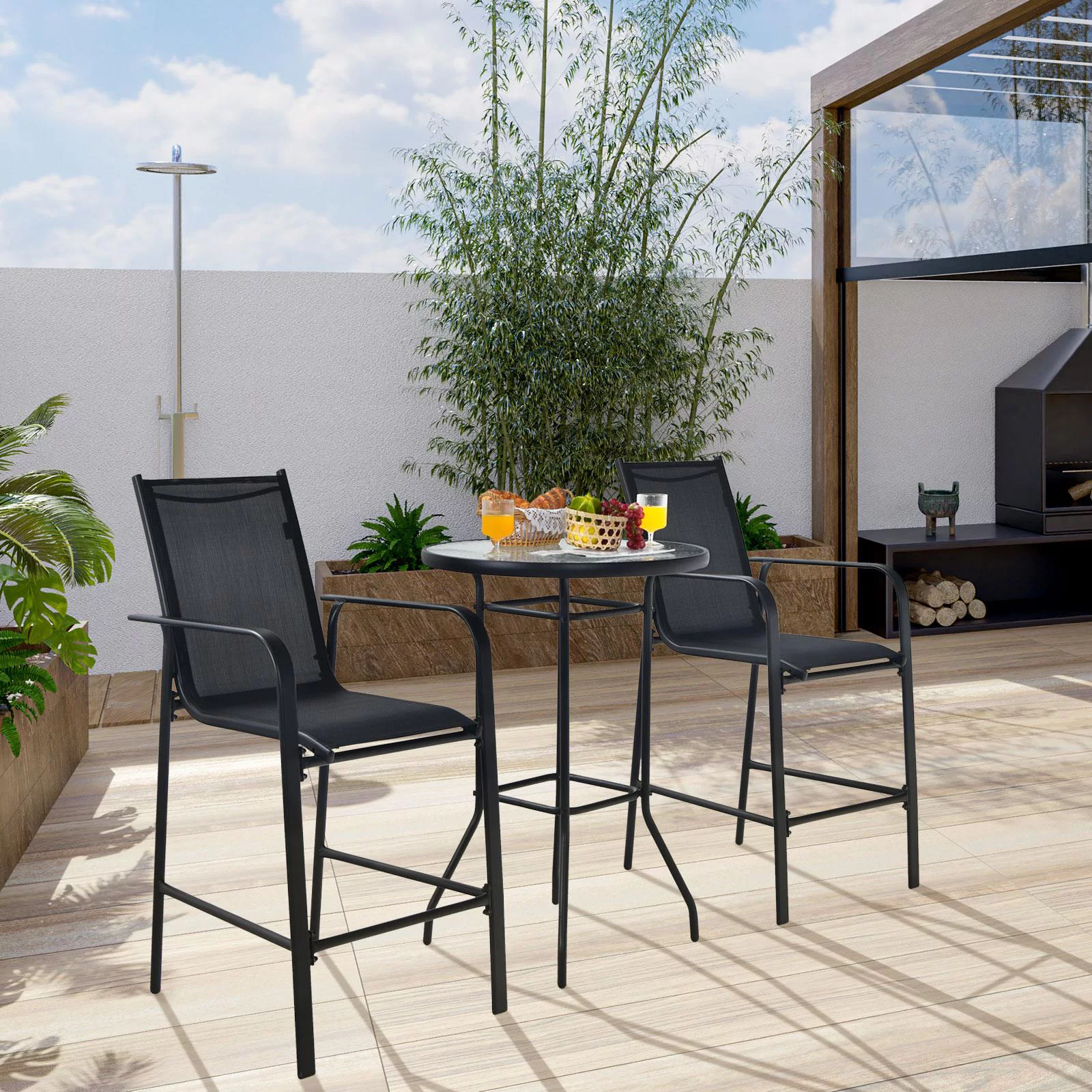 Giantex 3 Pieces Outdoor Patio Bar Set, Outdoor Bistro Set with 2 Bar Stools and 1 Tempered Glass Bar Table, Bar Height Patio Table and Stools Set for Backyard, Garden, Lawn (Black) - Womvr