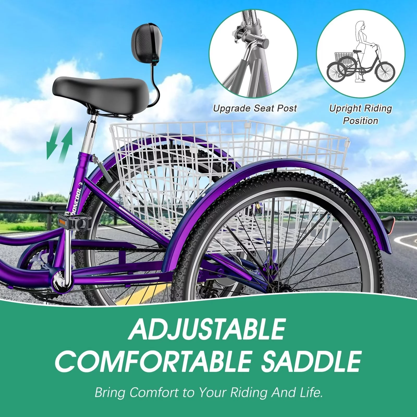 MOPHOTO Adult Tricycle for Seniors (Cyan, 26inch /7-Speed), Low Frame Three Wheel Bikes with Large Basket & Bell, 3 Wheel Cargo Bicycle, Safe and Durable Trike - Womvr