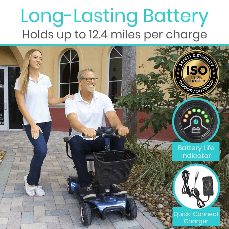 Vive 4 Wheel Battery Powered Mobility Scooter - Electric Transport Chair- Compact Heavy Duty Mobile for Travel, Adults, Elderly with Basket and Charger Included - Womvr