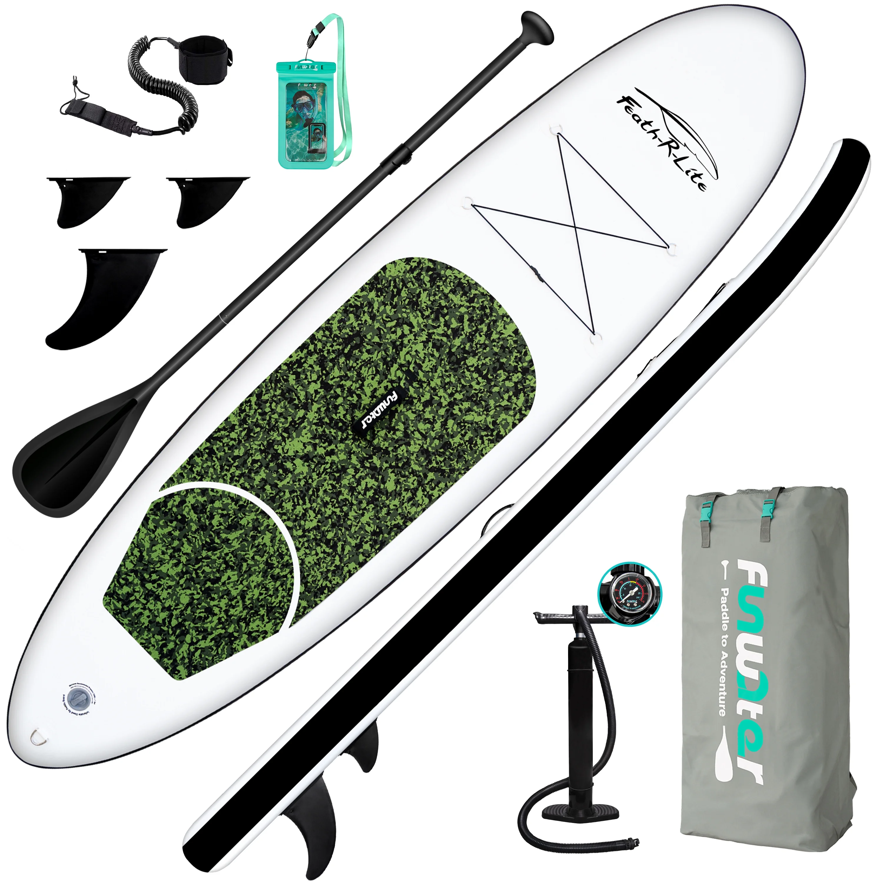 Feath-R-lite Inflatable Stand Up Paddle Board, SUP Red Camo Pattern Paddle Board 10'x30''x6'' (LxWxH),Adjustable Aluminum Paddle and Grey Back Hand Pump,Fins, Unisex - Womvr